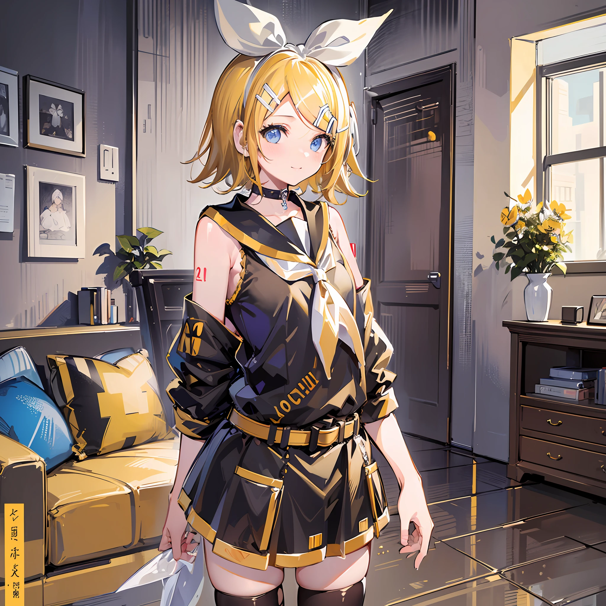 (Masterpiece), (Best Quality), (Illustration), (Ultra Detailed), (High Resolution), Absurdity, One Girl, (Kagamine_Rin:1.5), (Vocaloid), Shoulders are cut off, Short Hair, Hair Clip, Blush, (Blonde), Very Cute Girl, Small, Young, Delicate, Attention to Girl, Living Room, Cute, She, Smile, Best Moment, Sailor Suit, Black Shortscute, belt, blue eyes, bright eyes, cool