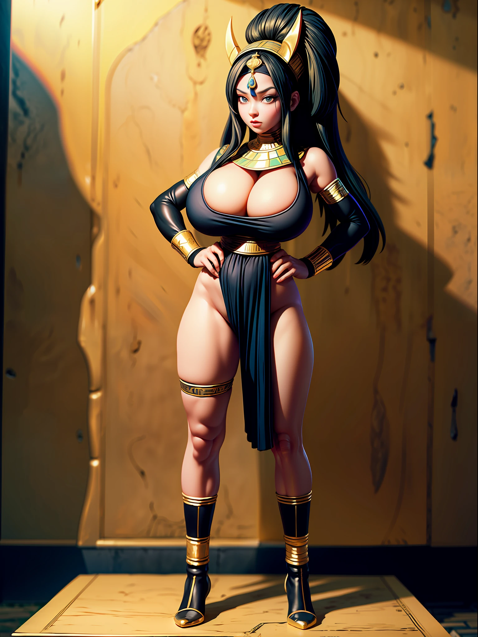 ((full body, standing):2) {((SuperSaiyan))}, ((Wearing black Egyptian attire, headbands on her body and face):1.4), ((doing erotic pose on a sarcophagus, looking at viewer):1.2), ((extremely large breasts):1.8),\n ((Ancient Egyptian tomb full of sarcophagi and scarabs stuck in the walls ):1.2), anime, anime-style, 16k, ((best quality, high details):1.4), masterpiece, UHD