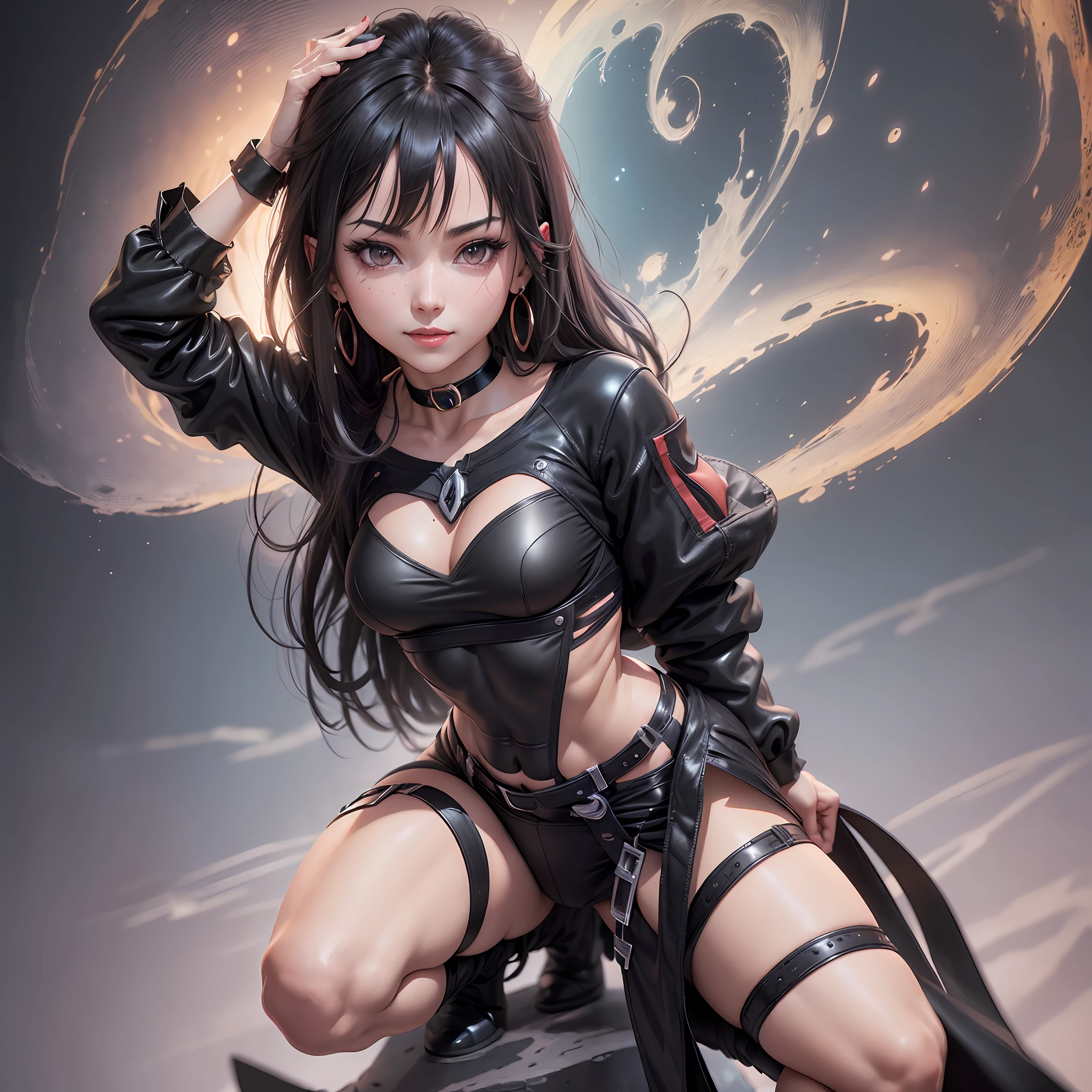 ulzzang-6500-v1.1, blood red iris, (RAW photo:1.2),(photorealistic:1.6),(masterpiece:1.3),(best quality:1.4), HI-RES, HDR, 8k resolution, check the reviews,(intricate details: 1.5),(volumetric light),(full body), looking at the viewer,( model pose: 1.8),(detailed facial features),(earrings:.14 ),in space ,(black choker:1.4), (narrow waist:1.6),(thigh choker: 1.5),(female and muscular:1.5),  (medium breasts:1.5),(detailed bright eyes: 1.5), (smiling: 1.6),(legs: 1.4 ),(black hair), (detailed features of clothes), (wind: 1.5),(detailed hand),(narrow waist:1.6), (Megumin of Konosuba appearance), plasticien, --auto --s2