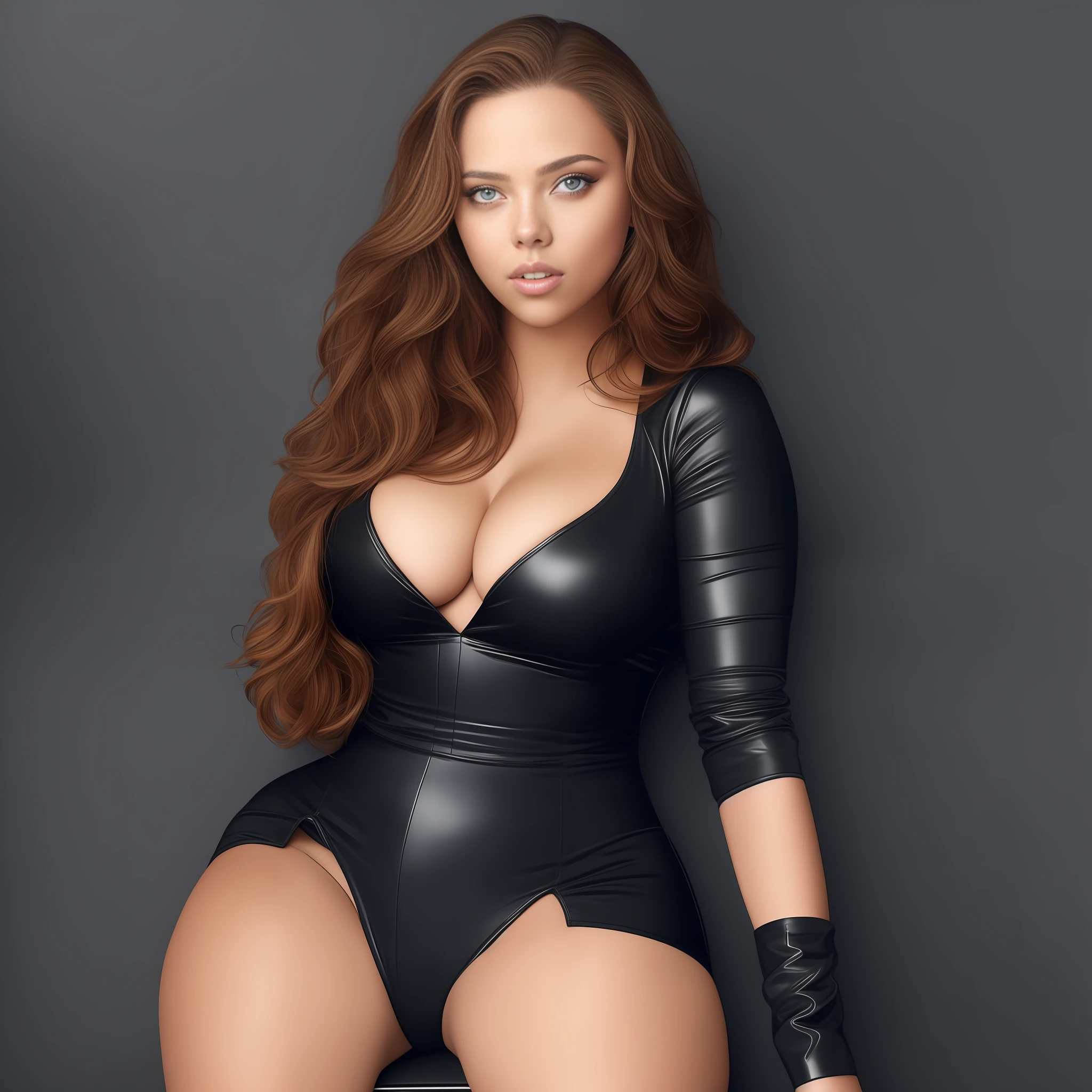 More voluptuous version of Scarlett Johannson, wearing a black skin tight outfit, photorealistic