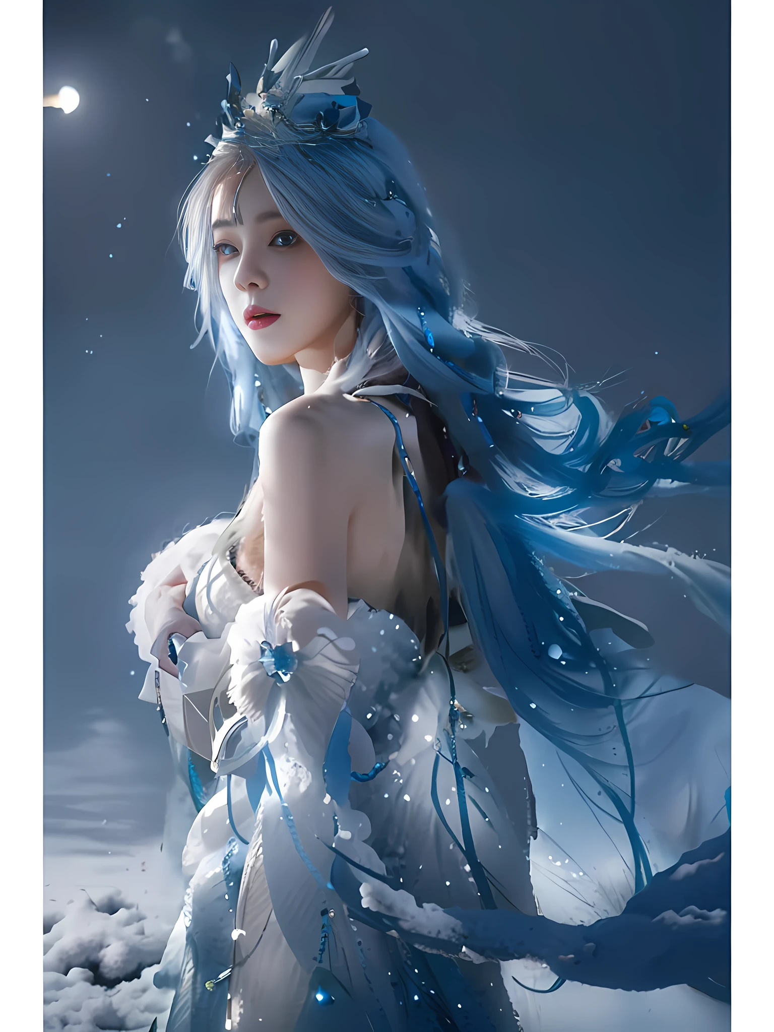 Arad woman with blue hair and white dress in snow, long white hair, anime girl cosplay, long white hair, anime cosplay, by Yang J, trend in cgstation, very long wavy sky blue hair, beautiful young wind spirit, trend in cgstation, beautiful ancient frost witch, by fanci, cosplay, flowing blue hair, moon