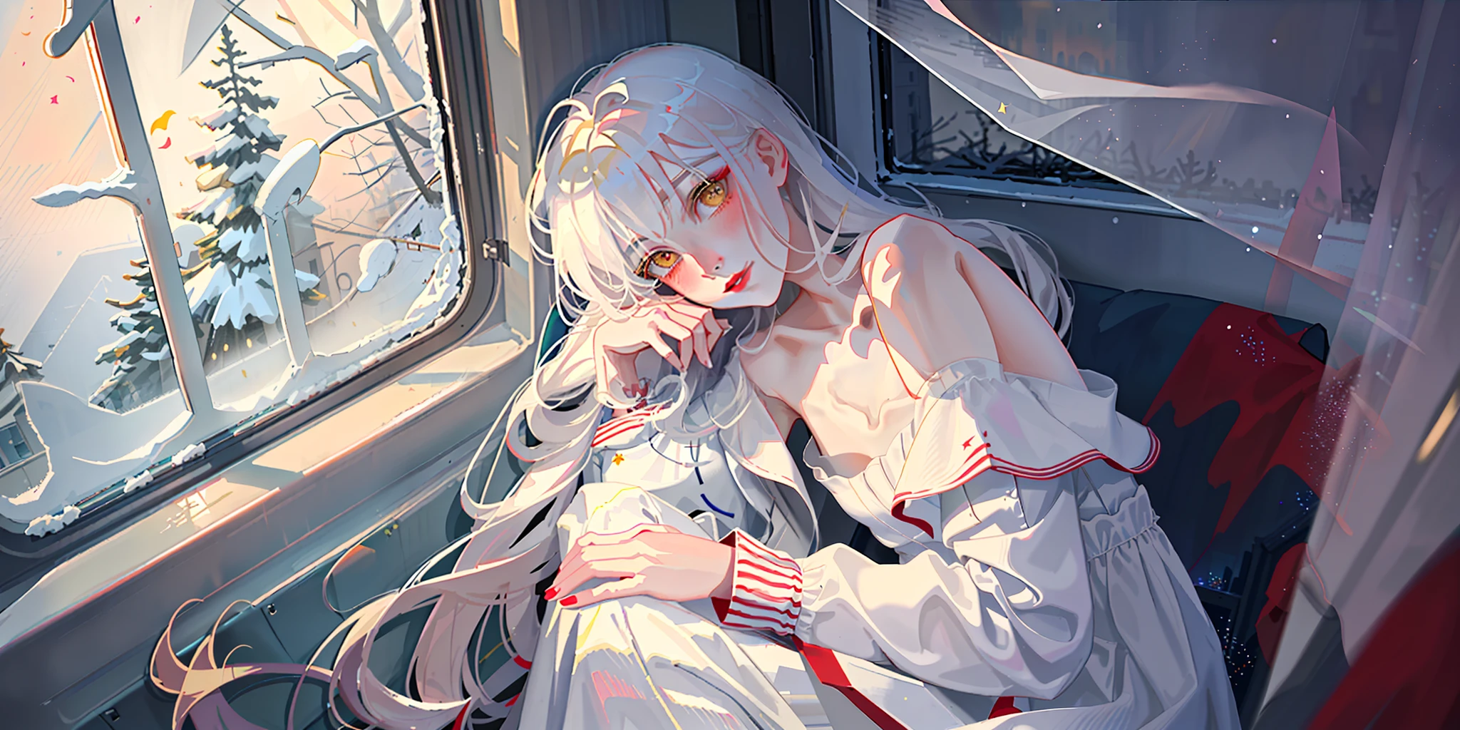 Highest quality, god, masterpiece, melancholy girl, slightly drunk makeup, red lips, exquisite CG, HD, absolutely beautiful, dreamy, light and shadow, white messy long hair, very long hair, yellow eyes, low neck white dress, collarbone, sitting by the train window, (drunk, blush, half-closed, looking out the window), laughing, red lips, bent legs, leaning against the window, snowing, slender, barren snowfield outside the window, night