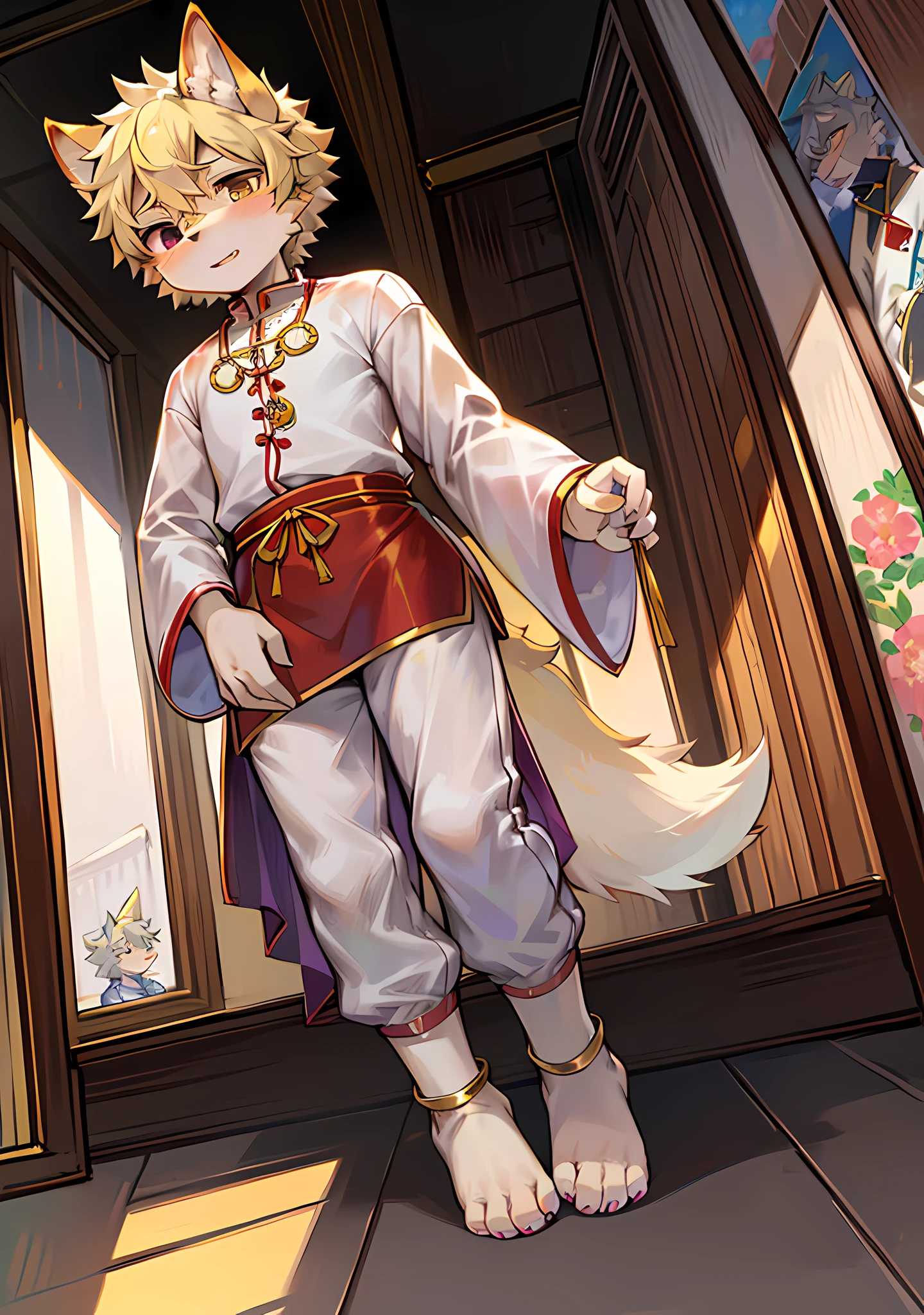 furry , dog boy, dog boy, dog boy, dog boy, little man, (dog tail), little feet (with socks), floral anklet, yellow hair, light blonde eyes, , national style clothes (red), aoeu, aoeu, long cheongsam (outer garment), hanfu (outer garment), white clothes (inner shirt), boy, boy , boy, noble clothes (red), cute, zhengtai, on the road. furry , wolf boy, wolf boy, wolf boy, wolf boy, little man, (long wolf tail), little feet (with socks), floral anklet, gray hair, black eyes, , national style clothes (purple), aoeu, aoeu, long cheongsam (outer garment), hanfu (outer garment), white clothes (inner shirt), boy, boy , boy , boy, noble clothes (purple), cute, zhengtai, on the way