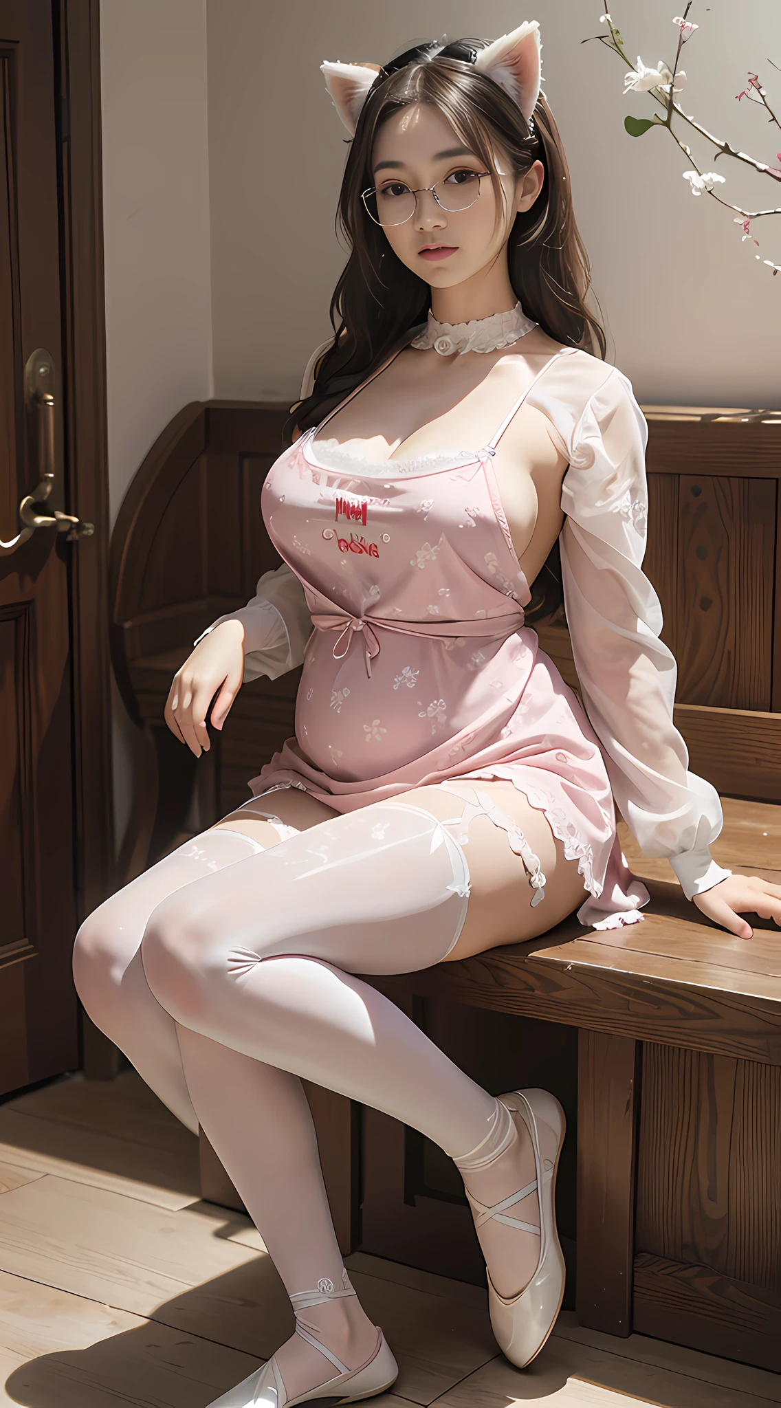 hyper-realistic), (illustration), (high resolution), (8K), (extremely detailed), (best illustration), (beautiful detailed eyes), (best quality), (ultra-detailed), (masterpiece), ( wallpaper), (detailed face), solo, highly detailed face and skin texture, detailed eyes, double eyelids, ball head twisted braid with hairpins, large-framed glasses, pink tulip sweet pure lust lace print embroidered wedding dress, peeing on yourself, peeing on your legs, surrounded by other people, Crown cat ears, split legs, ballet dancing with a big belly in October pregnancy, ballet shoes on feet, (dynamic pose), 1 girl, white wavy hair in the bathroom, Korean, heterochromic eyes, small moles under the eyes, ((apron)), big breasts, long legs, tight abs, wearing large round frame glasses, (camel toes), (white stockings), (no panties), (no bra)