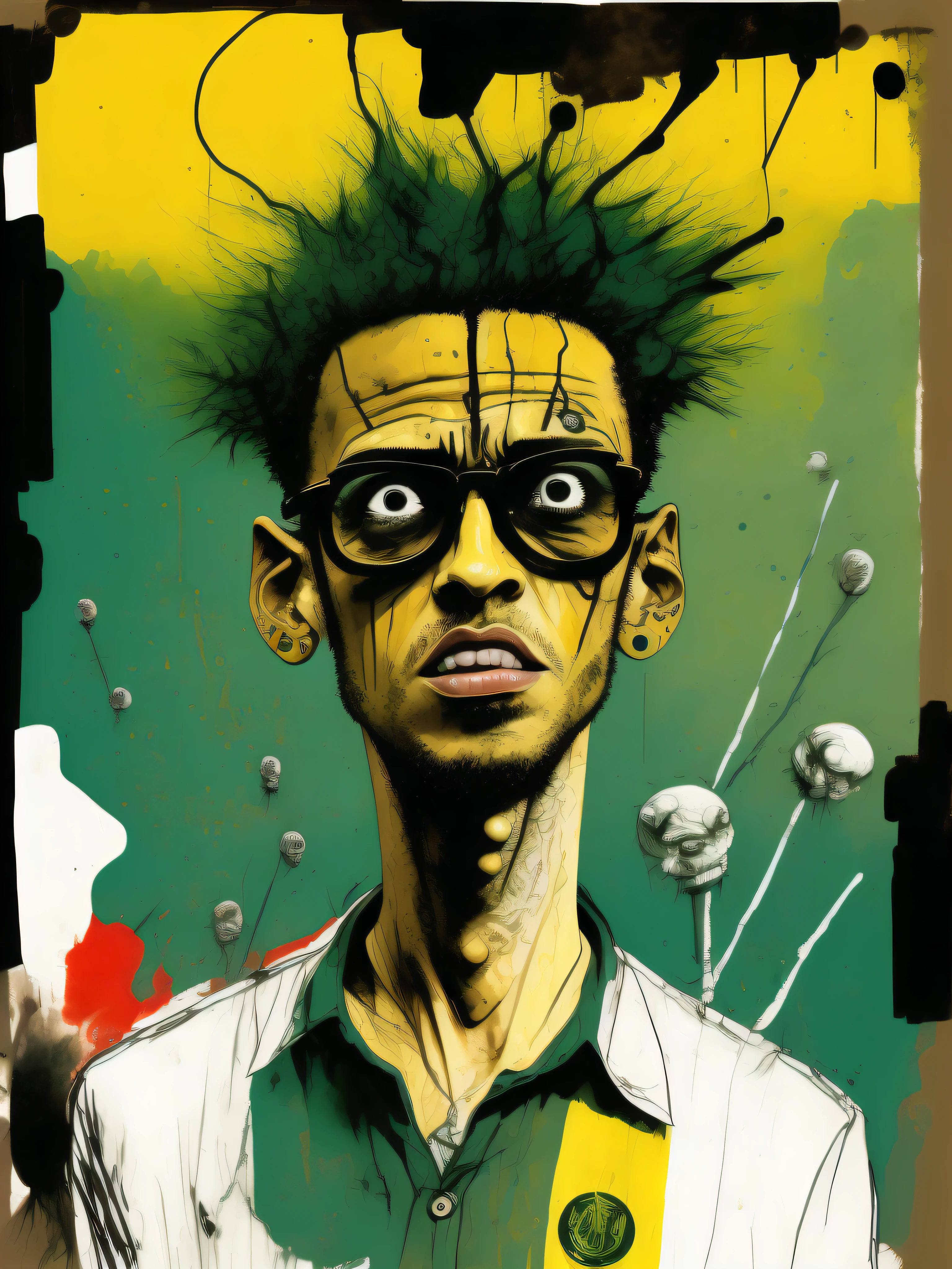 a portrait of Neymar Brasileiro, electrifying caricature, by Ralph Steadman, Dr. Suess, Jenny Saville, Kandinsky, doodle, sketch, third eye, surrealist abstraction, psychedelic