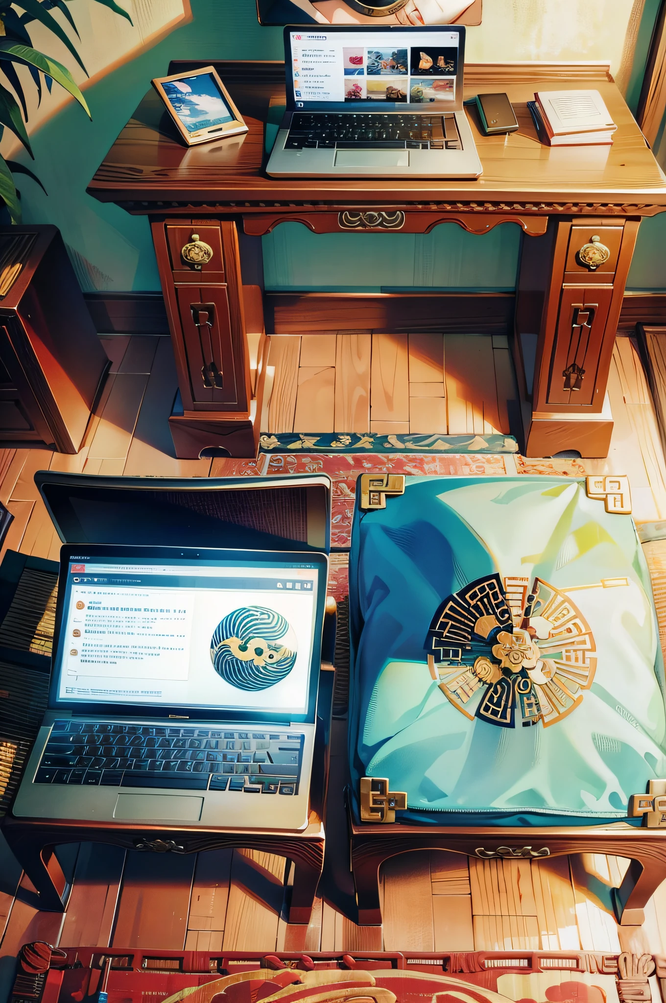 In the background is a Chinese Tang Dynasty study with several laptops and tablets and a guzheng on the desk