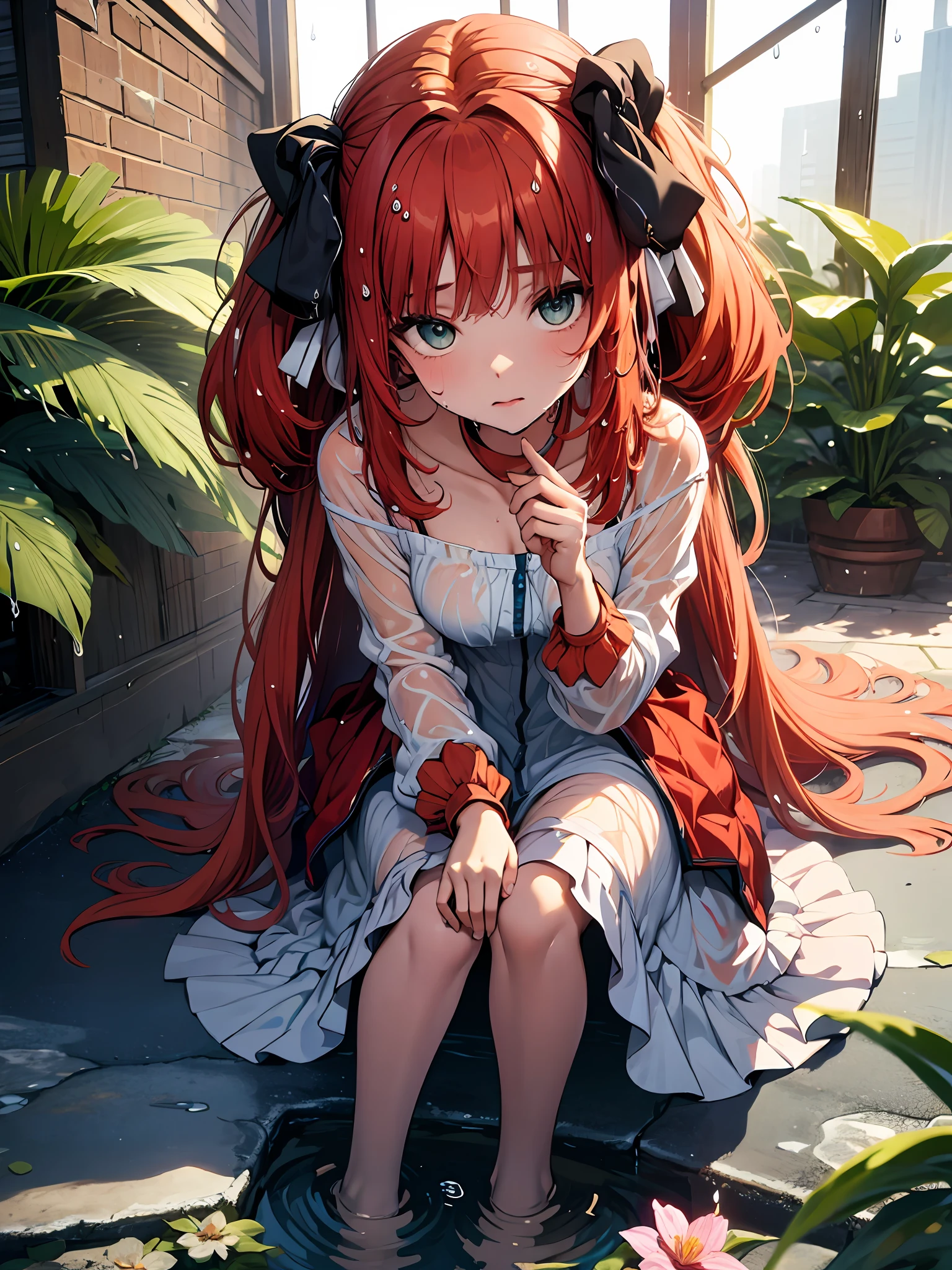 ((Best Quality, 8K, Masterpiece: 1.3)), {{Masterpiece}}, Illustration, Best Quality, Extremely Detailed CG Unity 8k wallpaper, 1girl_solo, full_body, from_top, looking_at_viewer, looking_up, (White pantyhose: 1.3),red hair,twintails,(exposed dress:1.3), hair_ribbon, Strong edge light, lake,flowers, rain, clothes splash, (wet clothes:1.5),16 years old,Good figure,Sexy and charming woman,sitting,Collarbone,