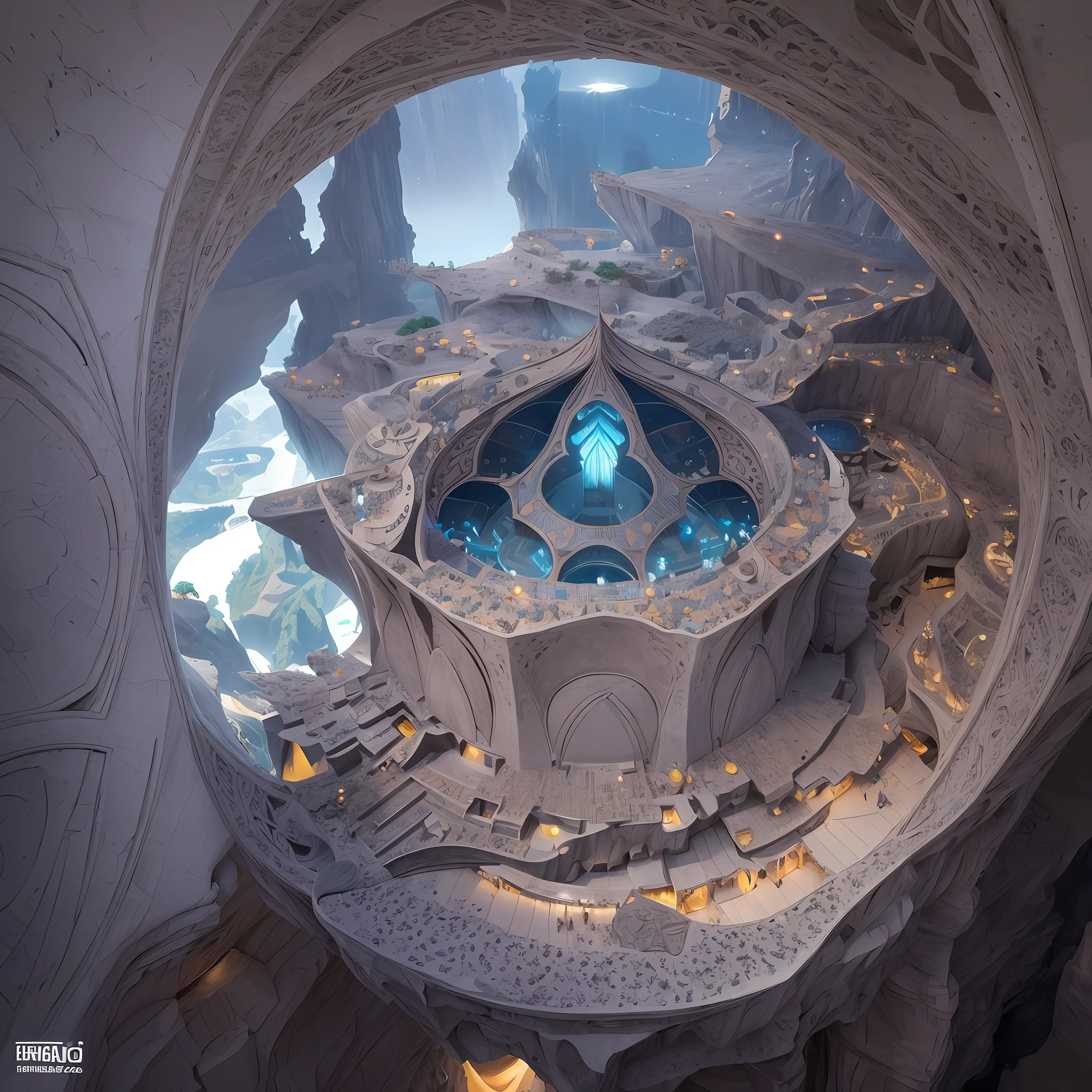 Futuristic Islamic architecture design of cave architecture concept art on grand Canyon caves islamic architecture, proportional,detailed, cave architecture nature meets futuristic architecture by Toyo Ito ,residential area, futuristic development, high rise balconies, full of rock and glass facades, residential spaces carved from cliff side ,trending on artstation, beautiful lighting,In the style of Arabic calligraphy masterpiece, fantasy, intricate, award winning, 4k, highest quality render --auto --s2
