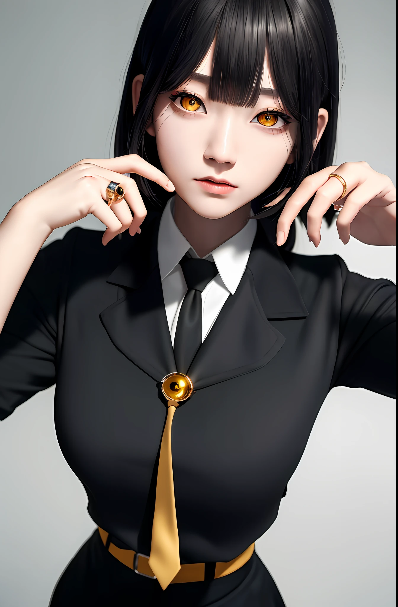 Masterpiece, (Photorealistic: 1.4), Top Quality, Beautiful Lighting, (ulzzang-6500:0.5), Makima \(Chainsaw Man\), (Bob Hair) + (Black Hair) + (Bangs), Yellow Eyes, Golden Eyes, (((Ring-shaped Eyes)), (Bright Uniform), (Tie), RAW Photography, 8k UHD, Film Grain