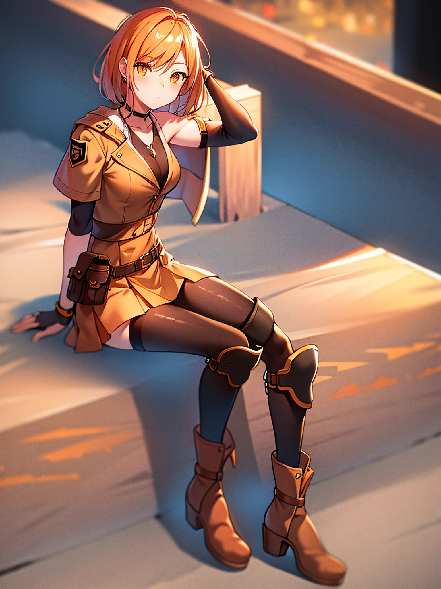 orange eyes light,richly faded light orange hair, anime 1girl, no skirt, brown military boots, pouch on the waist belt, khaki bikini, "black tights", "dark_orange knee pad on right leg",( night city:1.4), black long cloak, (good hand:1.5 ) good legs, (Good face: 1.5), 1girl, best hand, no worst hand. without clothes