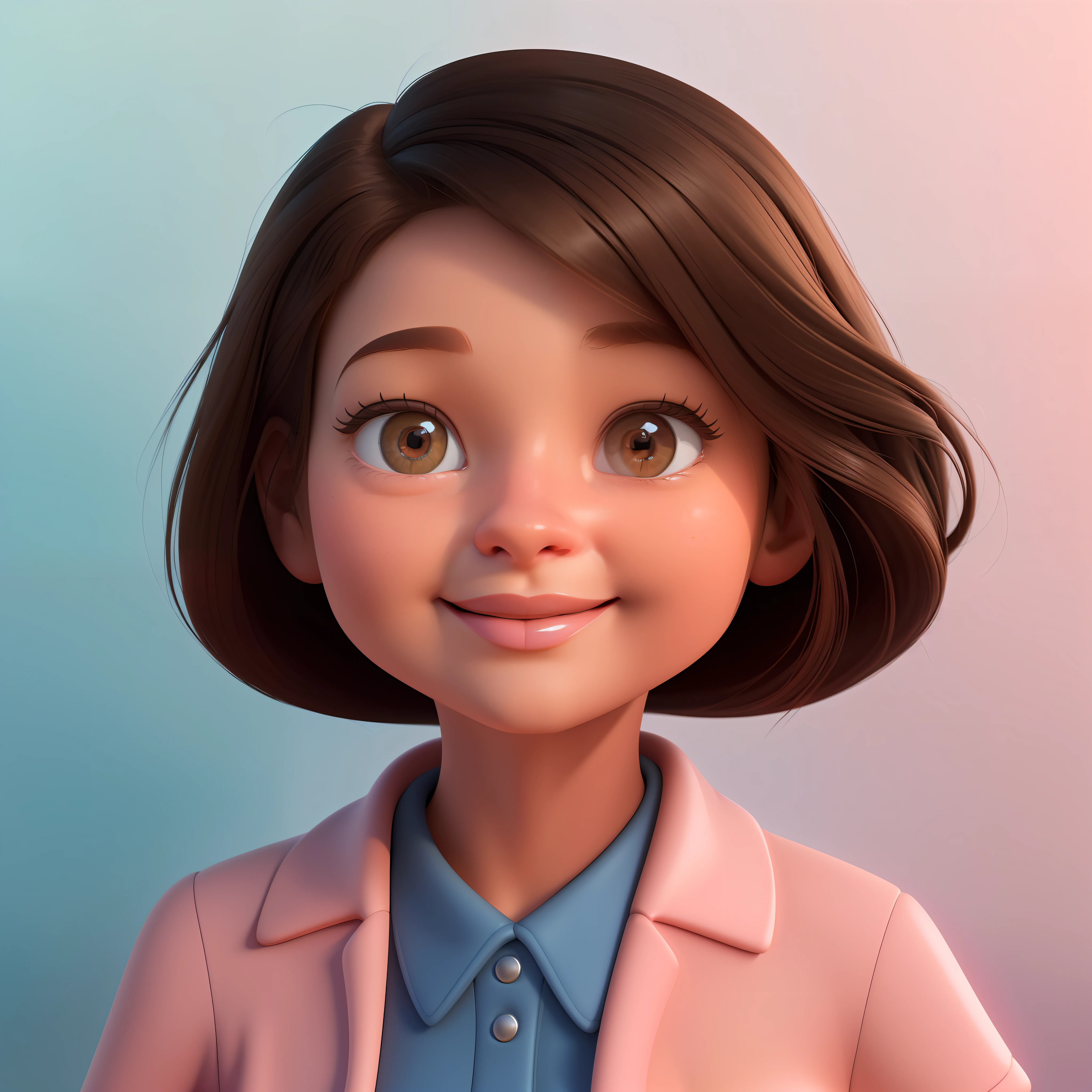 a 3d closeup of a cartoon girl, Pixar style, with light brown skin, beige, long straight brown hair and brown eyes, with a pink t-shirt, closeup character portrait, lovely digital painting, kawaii realistic portrait, cartoon style illustration, beautiful detailed digital art, headshot character portrait, close-up character, closeup character portrait, cartoon art style, cute portrait, pixar portrait photo 8k, portrait character design, digital cartoon painting, portrait of a small character, 3d render