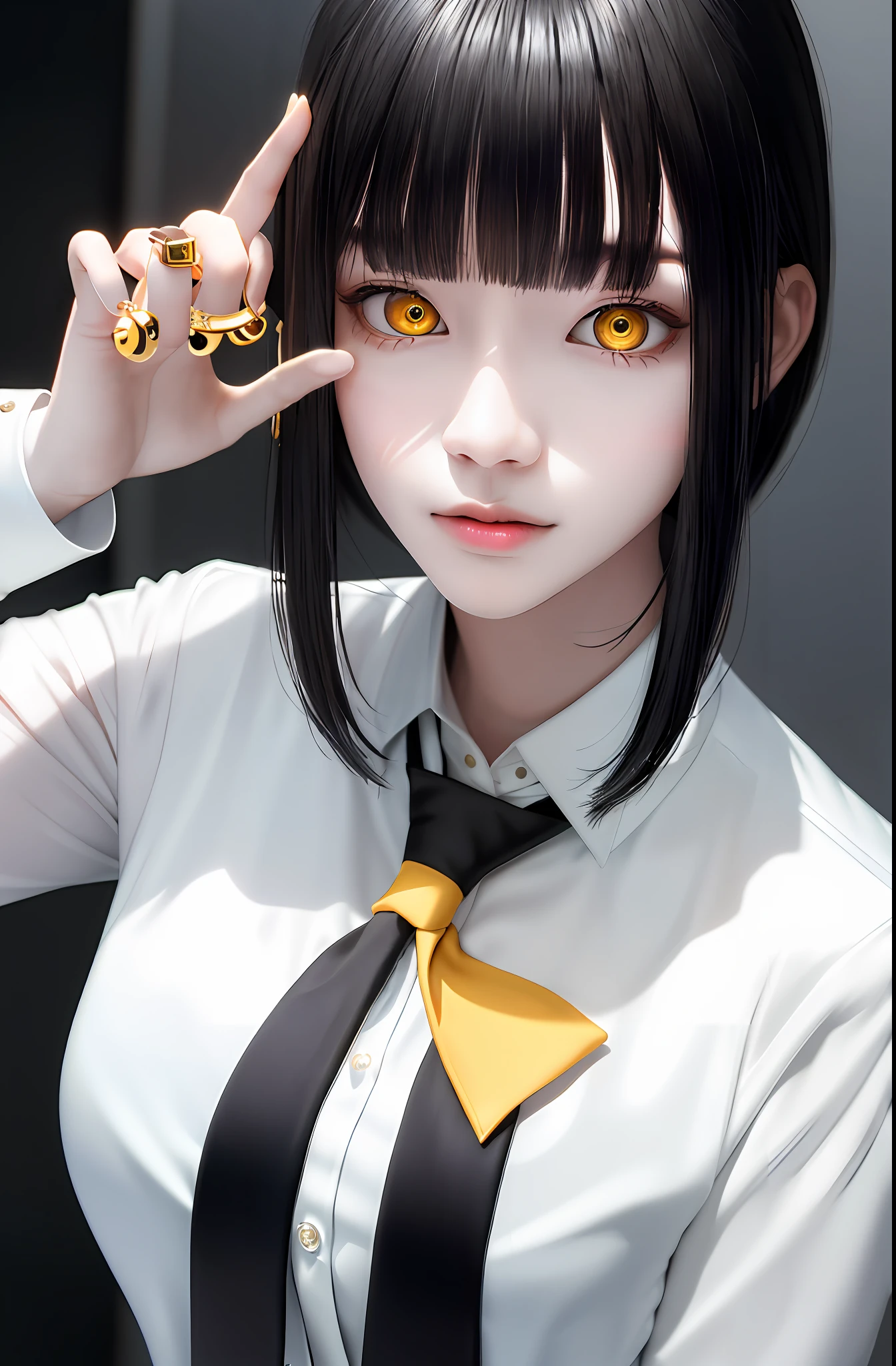 Masterpiece, (Photorealistic: 1.4), Top Quality, Beautiful Lighting, (ulzzang-6500:0.5), Makima \(Chainsaw Man\), (Bob Hair) + (Black Hair) + (Bangs), Yellow Eyes, Golden Eyes, (((Ring-shaped Eyes)), (Bright Uniform), (Tie), RAW Photography, 8k UHD, Film Grain