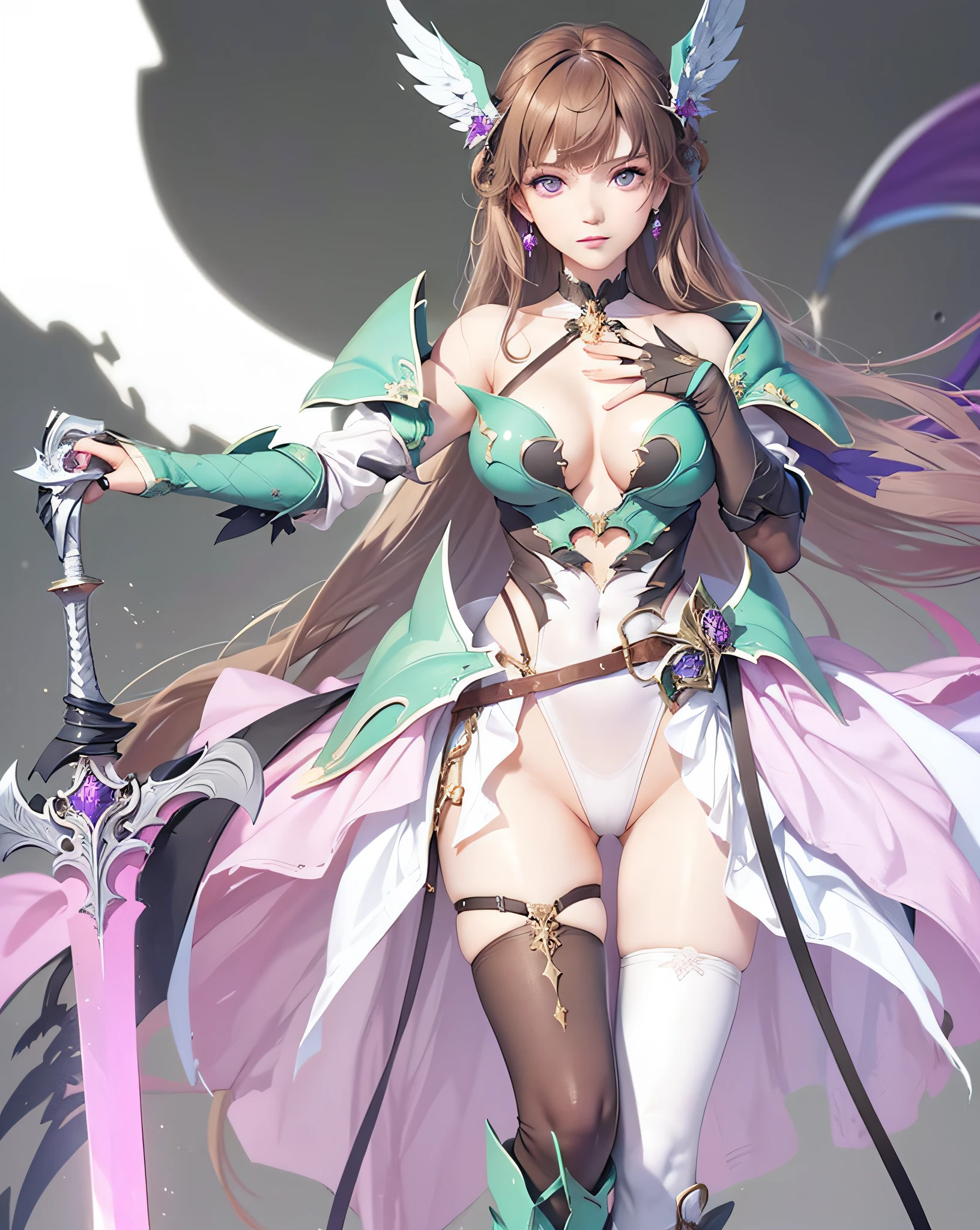 1girl,,bare_shoulders,breasts,brown_hair,cleavage,earrings,hand_on_own_chest,head_wings,holding,holding_weapon,leotard,long_hair,looking_at_viewer,medium_breasts,purple_eyes,solo,sword,thighhighs,very_long_hair,weapon,white_legwear