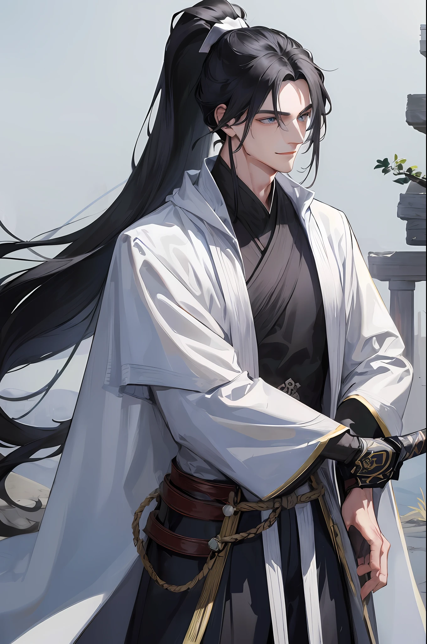 Masterpiece, superlative, a man, smiling, holding a long sword, Chinese style, ancient Chinese, black hair, gray-blue eyes, split hair, long hair, long bangs, high ponytail, handsome, masculine, gentle, tall, quiet, white robe, outdoors, cloak, branches, wind comfort, young man, steady expression