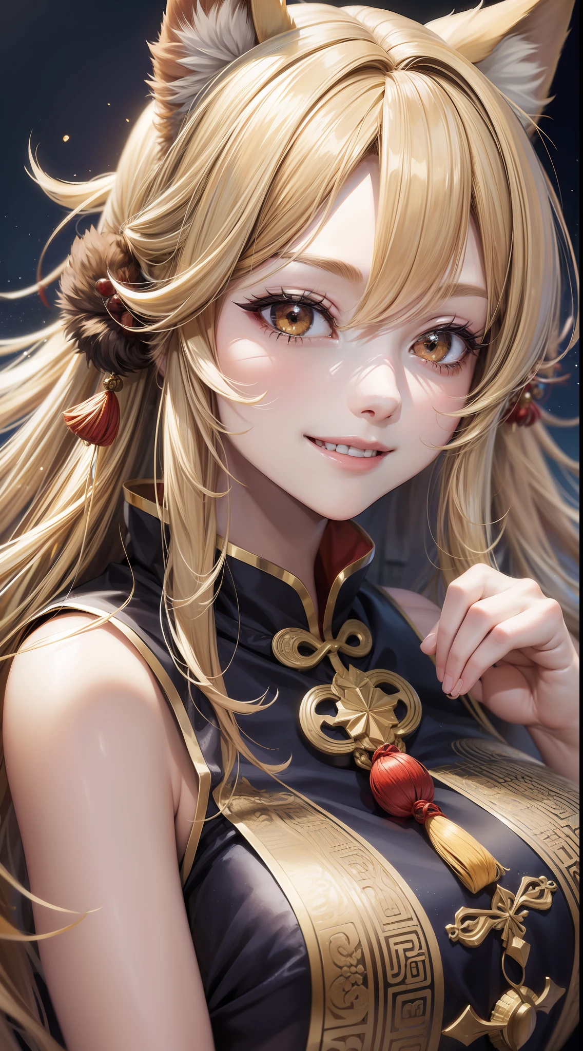 Adult girl, long lush blonde hair, brown eyes, wolf ears, Chinese clothes, sleeveless, cheerful look, smile, masterpiece, high quality