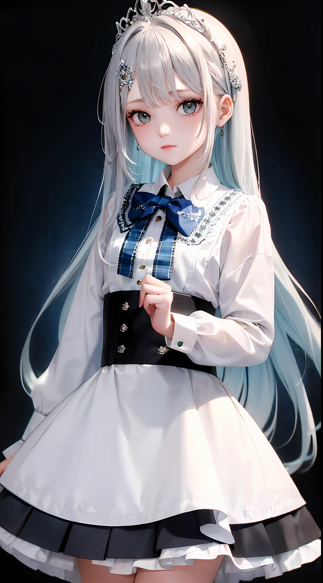 1girl, (masterpiece:1.1), (best quality:1.1), (white blouse:1.1), (checkered skirt:1.1), school uniform, high-waist skirt, BREAK [blue:pink:0.5] theme, (gradient background:1.1), cowboy shot, BREAK silver hair, long hair, , green eyes, intricate detailed tiara, looking to the side,
