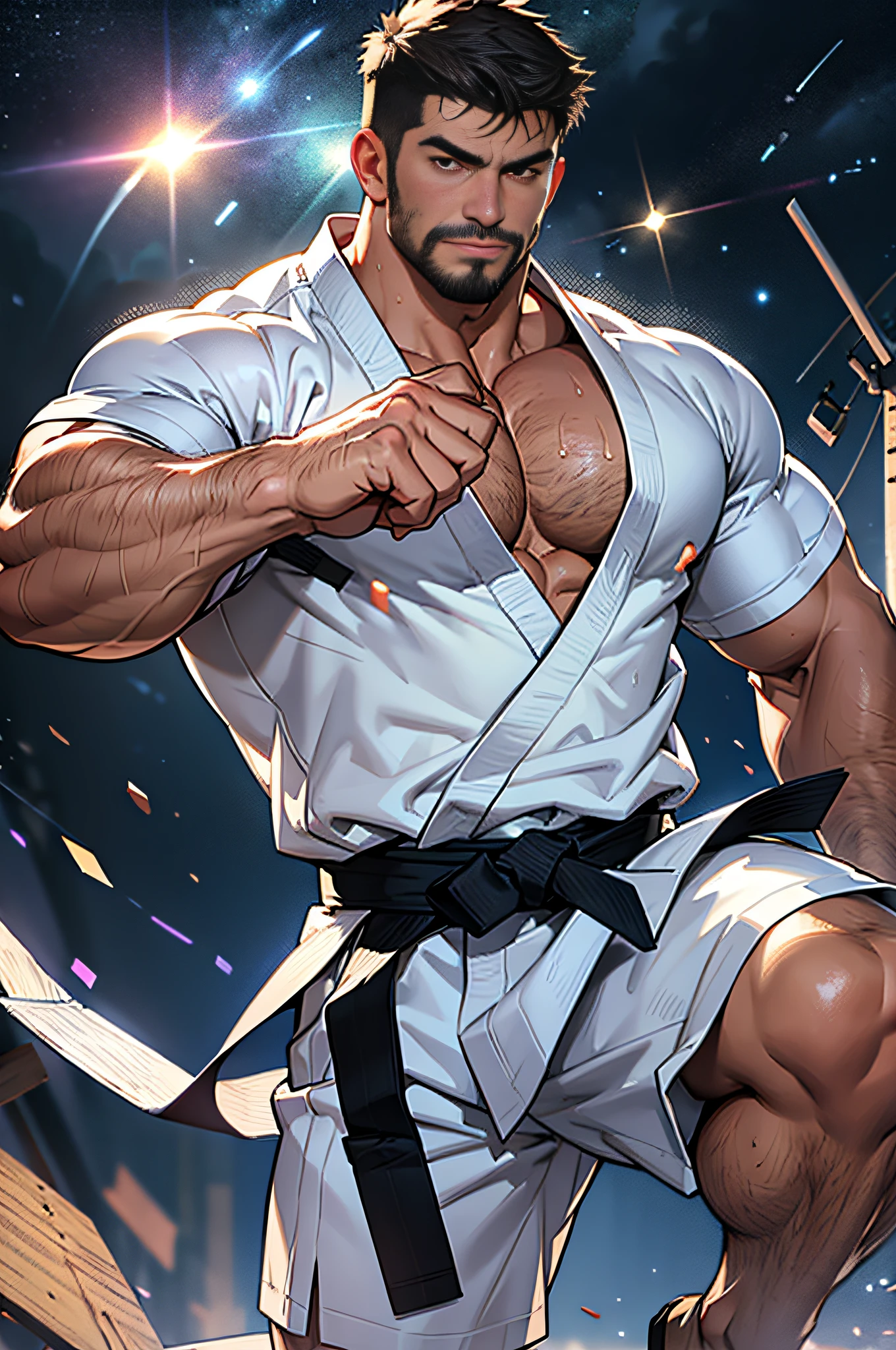 best quality, masterpiece, super high resolution, detailed background, realism, Illustrations, single, male, muscle, volumetric lighting, depth of field, facial hair, ryu, white clothes, black belt, light particles, bulge, starry sky, martial artist, sweating, short hair, perfect eyes, drenched, sexy, macho, burly, strong, bruised, leg raised, standing on one leg