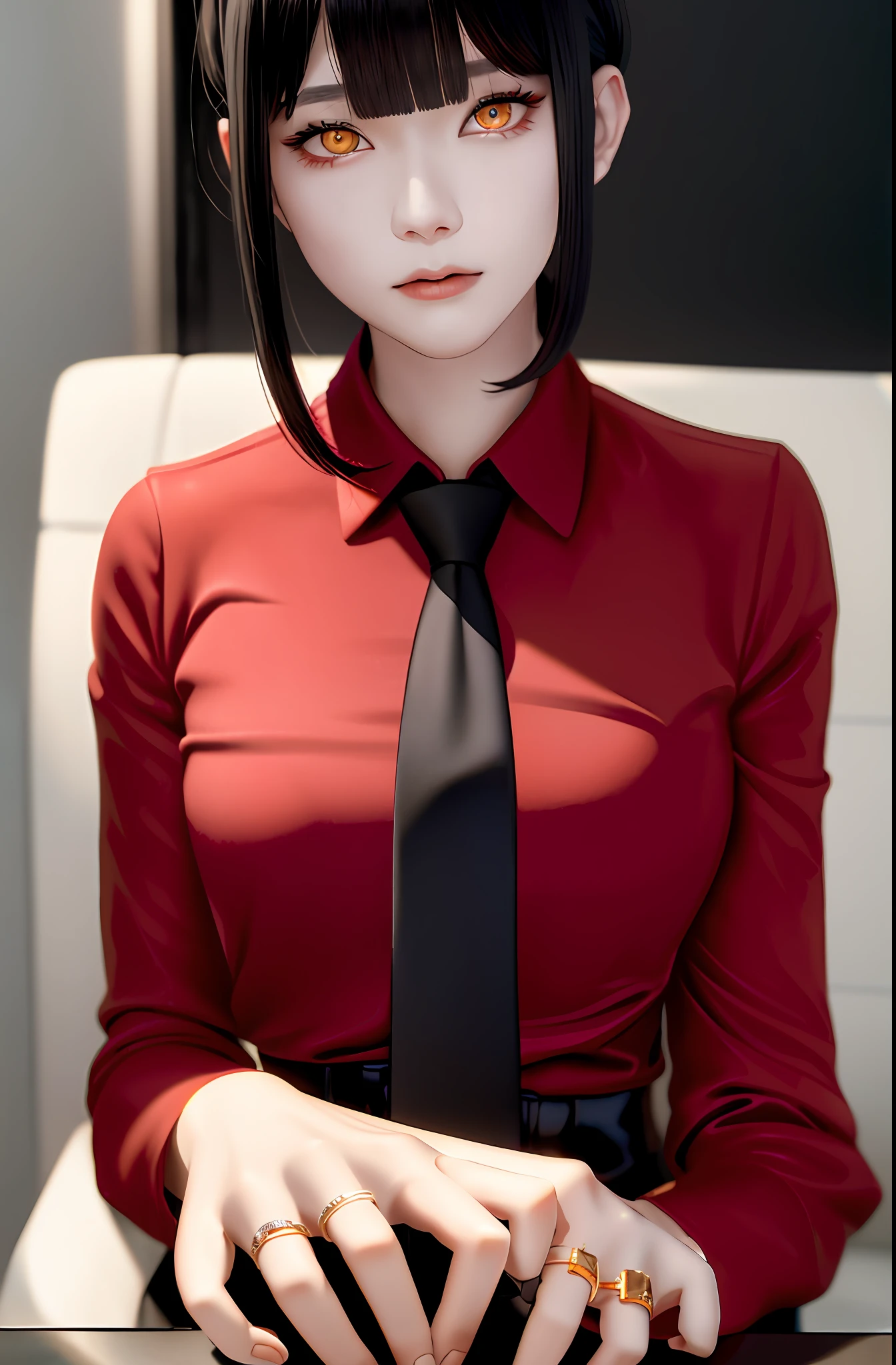 Masterpiece, (Photorealistic: 1.4), Top Quality, Beautiful Lighting, (ulzzang-6500:0.5), Makima \(Chainsaw Man\), (Bob Hair) + (Black Hair) + (Bangs), Yellow Eyes, Golden Eyes, (((Ring Eyes)), (Red Shirt), (Tie), RAW Photography, 8k UHD, Film Grain