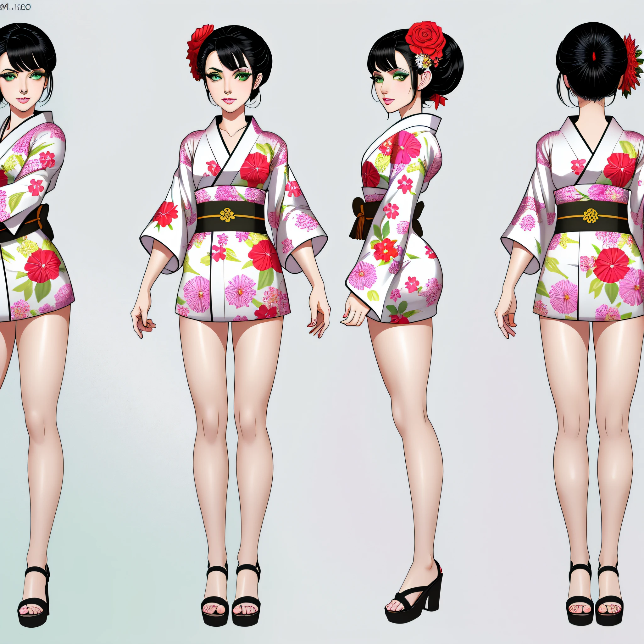 white background, character sheet,1girl,black hair,green eyes,kimono,long sleeves