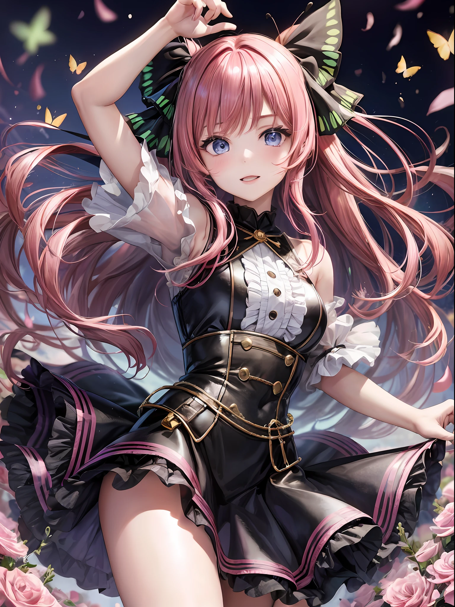 1girl (masterpiece) (best quality) (shiny hair) (shiny skin), high waist skirt, dancing princess, nakano nino, pink hair, hair ribbon, butterfly hair ornament,