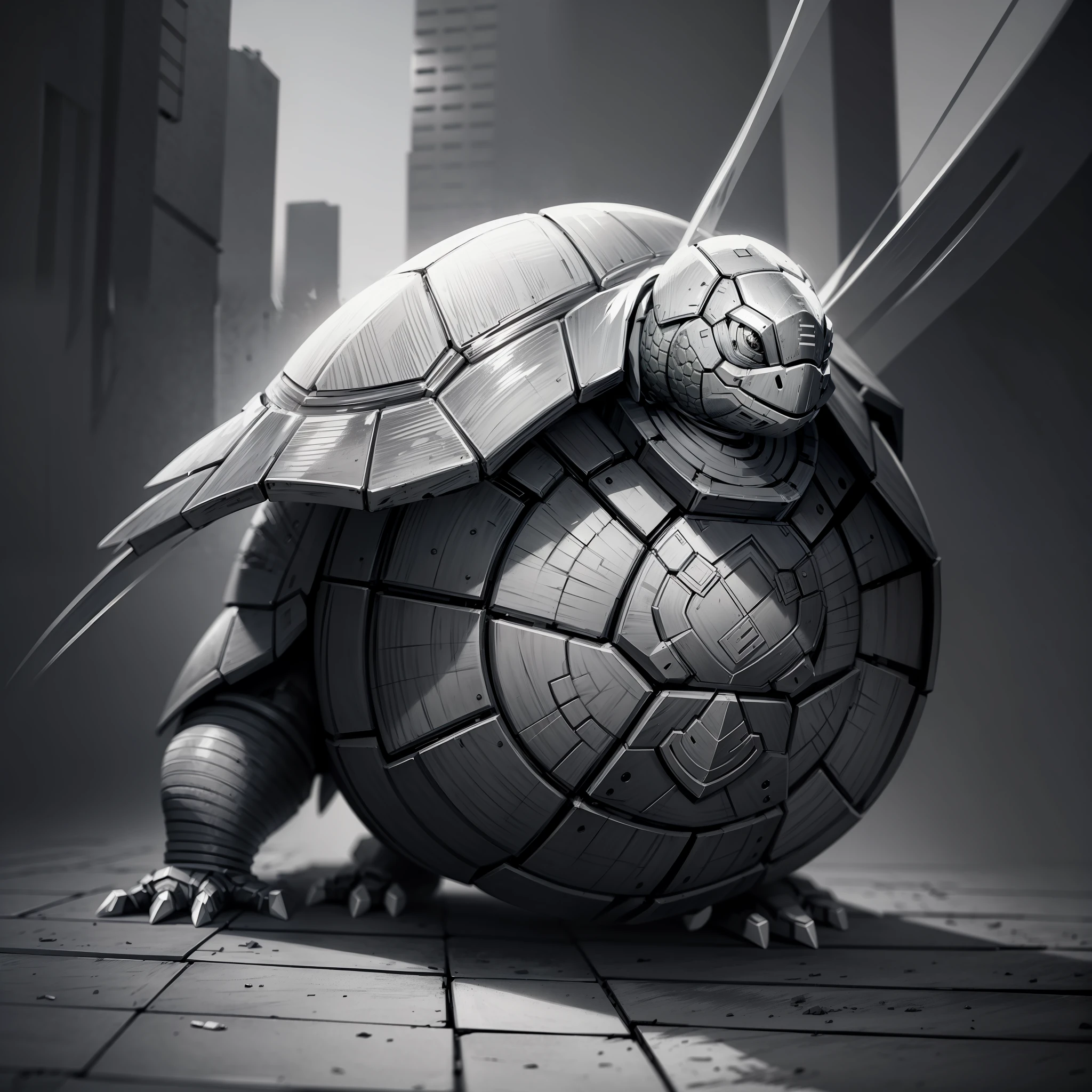 Line style, battle damage wind, turtle with shield, scan, black and white, sketch, light and shadow, projection, cute --auto --s2
