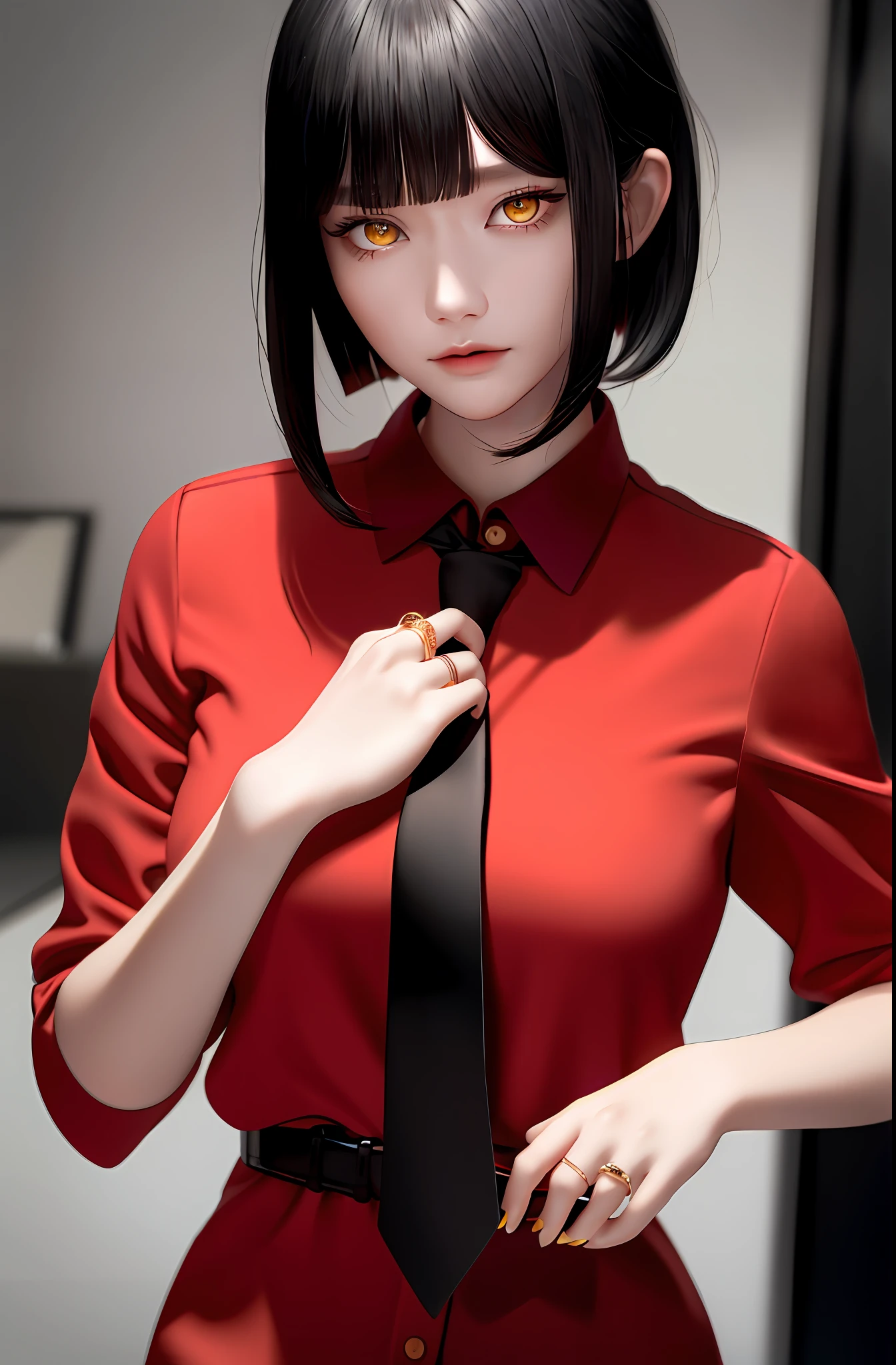 Masterpiece, (Photorealistic: 1.4), Top Quality, Beautiful Lighting, (ulzzang-6500:0.5), Makima \(Chainsaw Man\), (Bob Hair) + (Black Hair) + (Bangs), Yellow Eyes, Golden Eyes, (((Ring Eyes)), (Red Shirt), (Tie), RAW Photography, 8k UHD, Film Grain