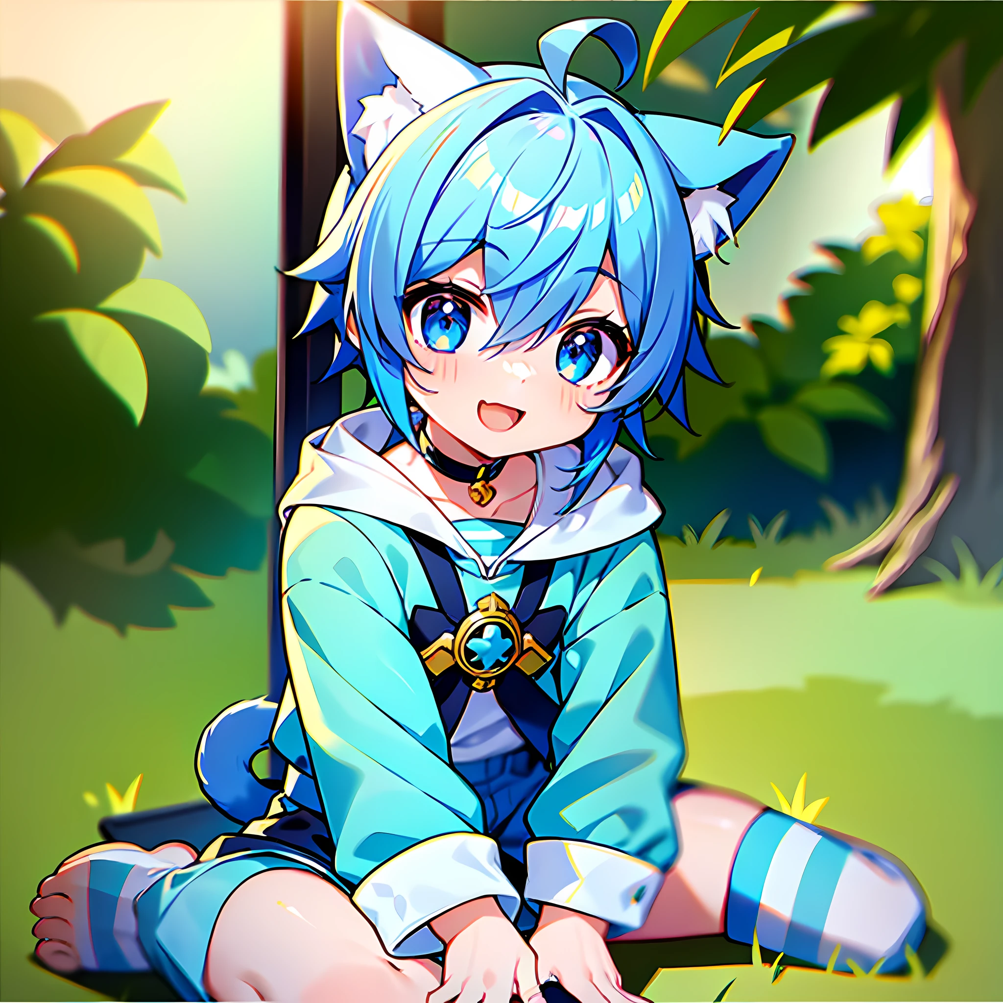 Panorama, Character Focus, Single, Anime, Two-dimensional, Boy, Boy, Cute, Genshin, Chongyun, Cat Ears, Furry Tail, Little Boy, Cute, Shota, Toddler, Bright Eyes (Blue), Blushing, Light Blue Hair, White Clothes (with Blue Stripes and Gold Accessories), Shorts, Barefoot, Sitting, Bare Legs, Happy, Smile, Light Blue Sky and Grass in the background, High Proportion of Characters, HD