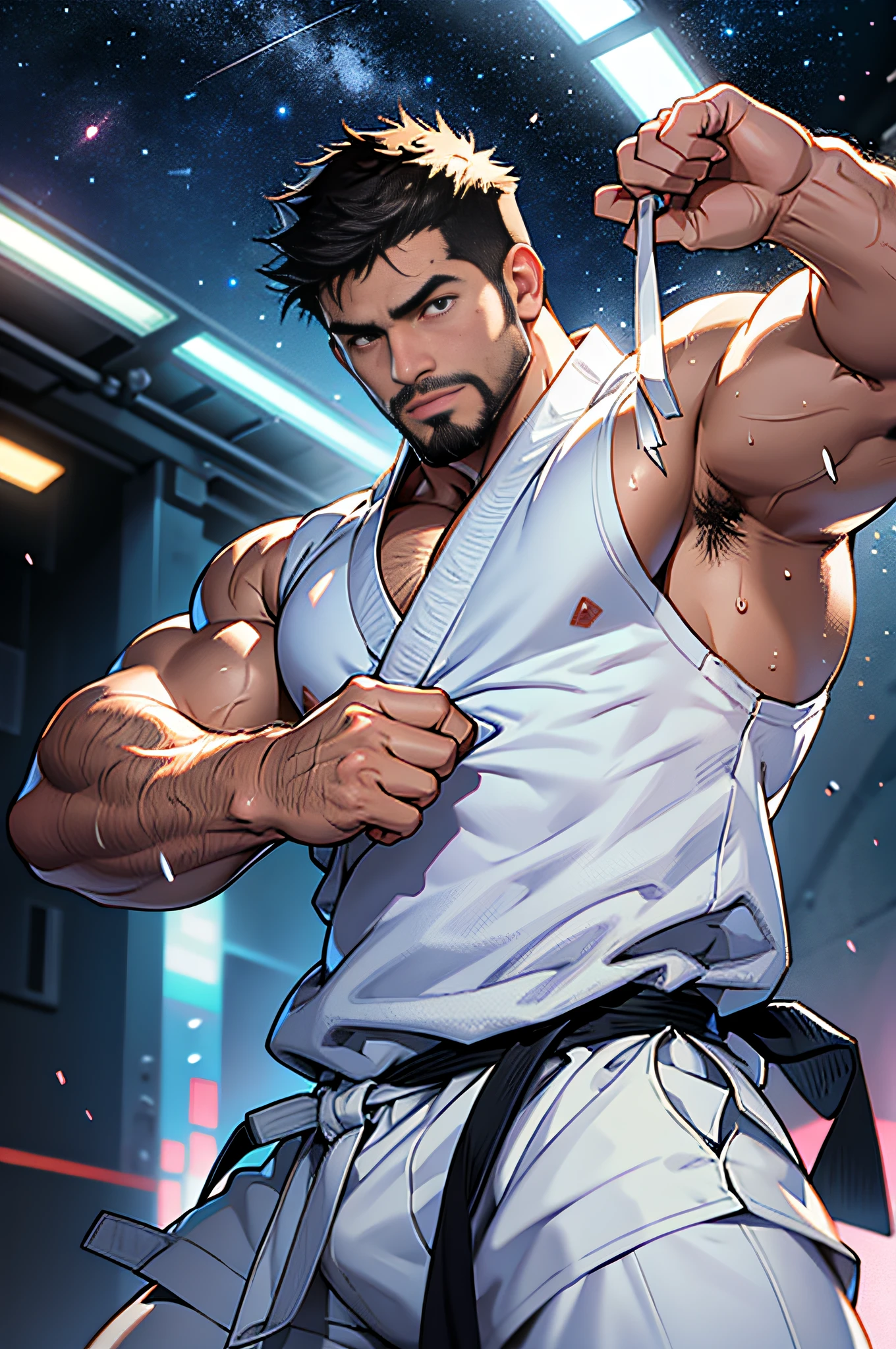 best quality, masterpiece, super high resolution, detailed background, realism, Illustrations, single, male, muscle, volumetric lighting, depth of field, facial hair, ryu, white clothes, black belt, light particles, bulge, starry sky, martial artist, sweating, short hair, perfect eyes, drenched, y, macho, burly, strong, bruised, leg raised, standing on one leg