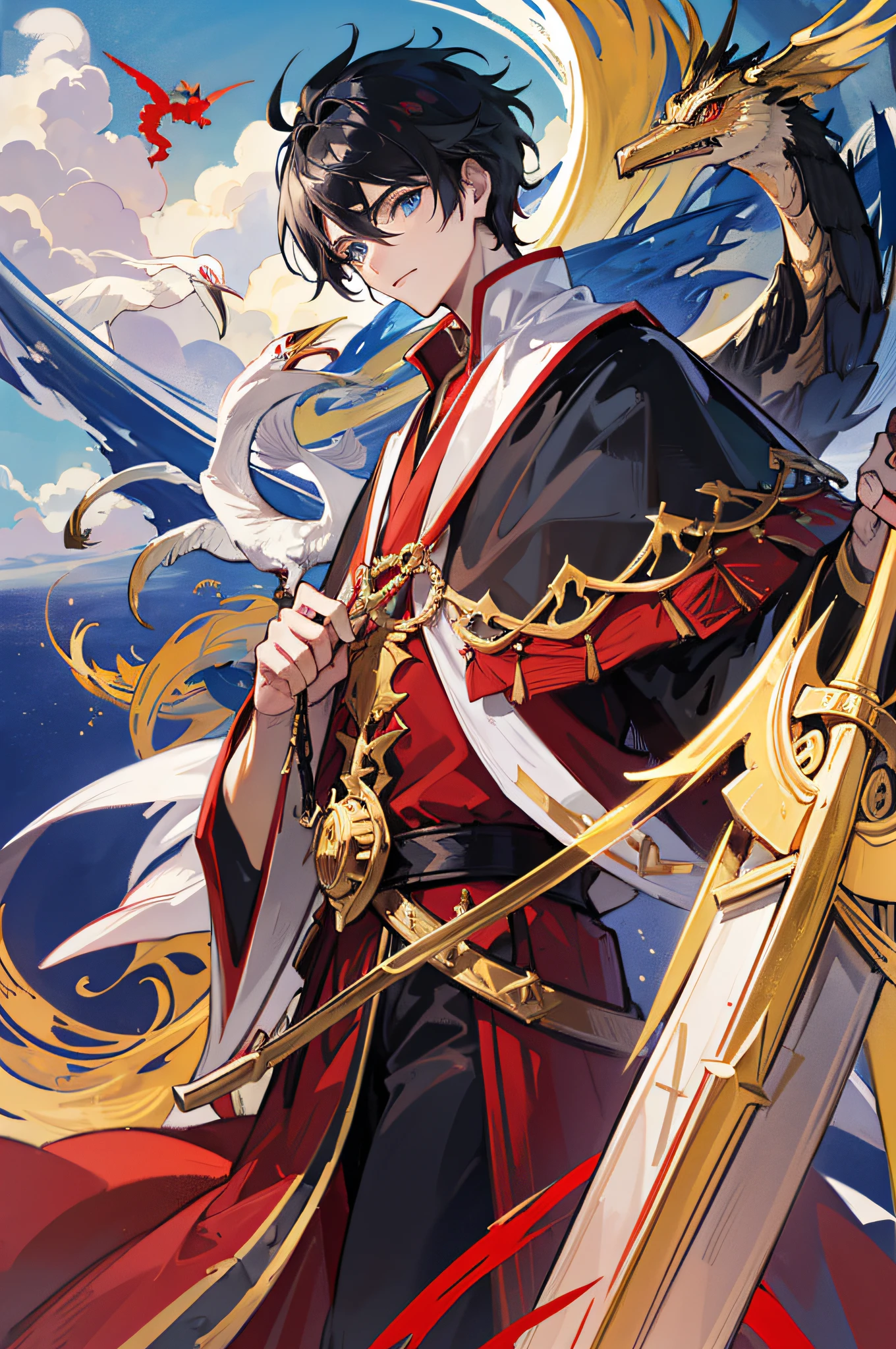 Boy, blue eyes, black hair and red and white robes with golden five-clawed golden dragon, holding a small red sword 1.4 (On the vast cliff, there are white cranes flying 1.5 in the sky
