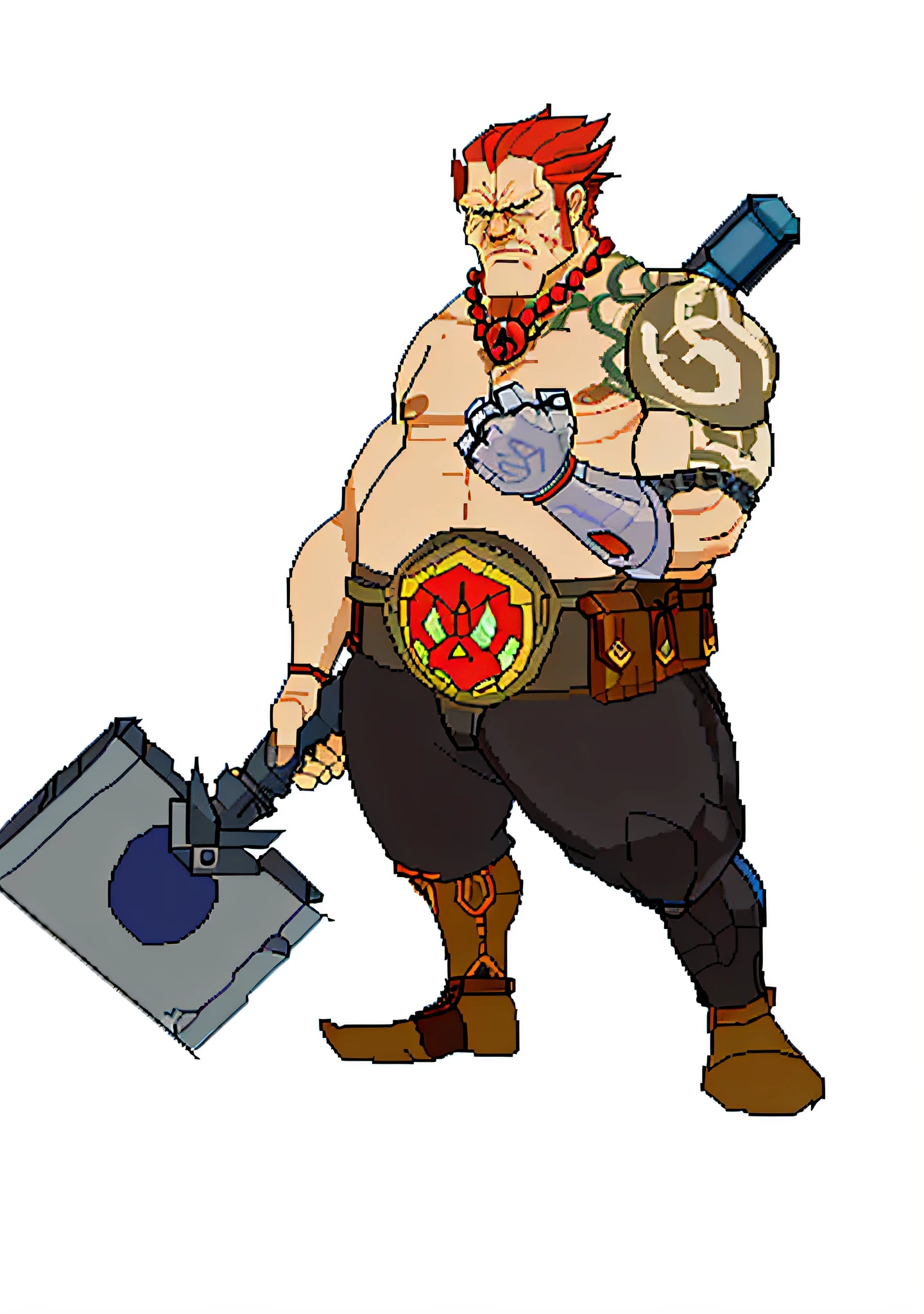 Cartoon of a man with a hammer, Ganondorf, Bott style, full body concept, character art Contra, technical Viking male without a shirt, as a badass monster hunter, bot, barbarian class, heavy weapons guy, as a DND character, picture of an adult male warrior, similar to Samus's doomsday guy, based on a pig