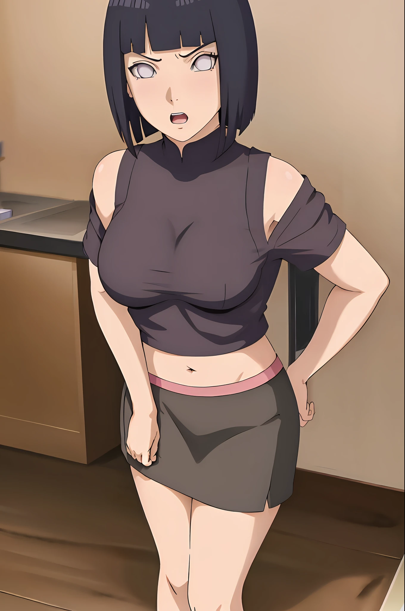 Masterpiece, absurd, Hinata \ (Boruto), 1 girl, solo, off-the-shoulder outfit, pencil skirt, apron, looking at the audience, kitchen, hands on hips, angry, blushing, big breasts , bustiness, shorts, crop top, black stockings, legs apart: o,