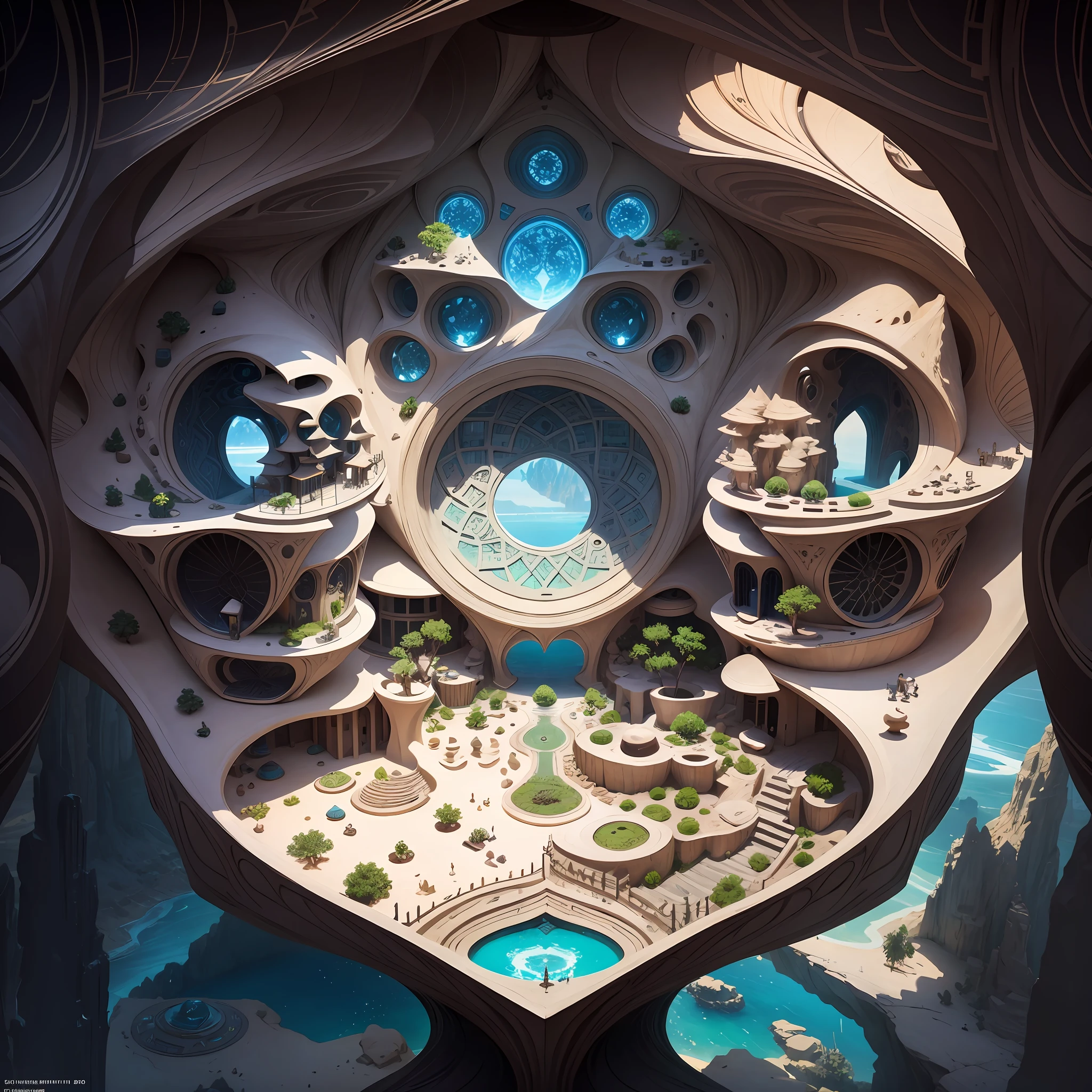 Futuristic Islamic architecture design of cave architecture concept art on desert oasis, islamic architecture, proportional,detailed, cave architecture nature meets futuristic architecture by Toyo Ito ,residential area, futuristic development, high rise balconies, full of rock and glass facades, residential spaces carved from cliff side ,trending on artstation, beautiful lighting,In the style of Arabic calligraphy masterpiece, fantasy, intricate, award winning, 4k, highest quality render --auto --s2