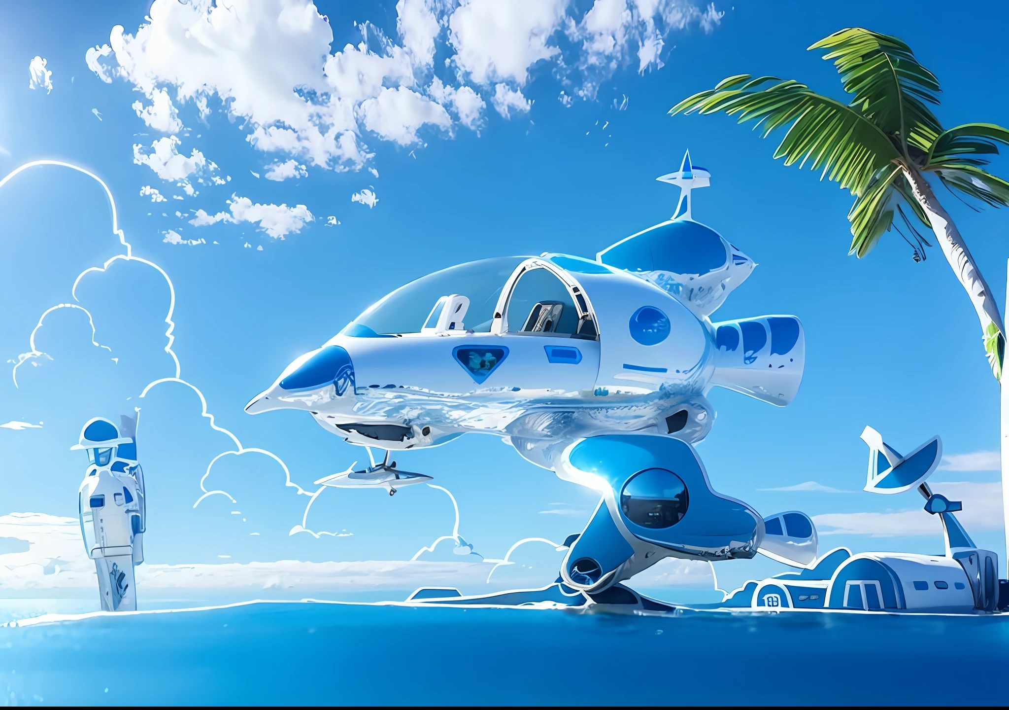 Futuristic airplane, incoming clouds, palm tree, blue sky