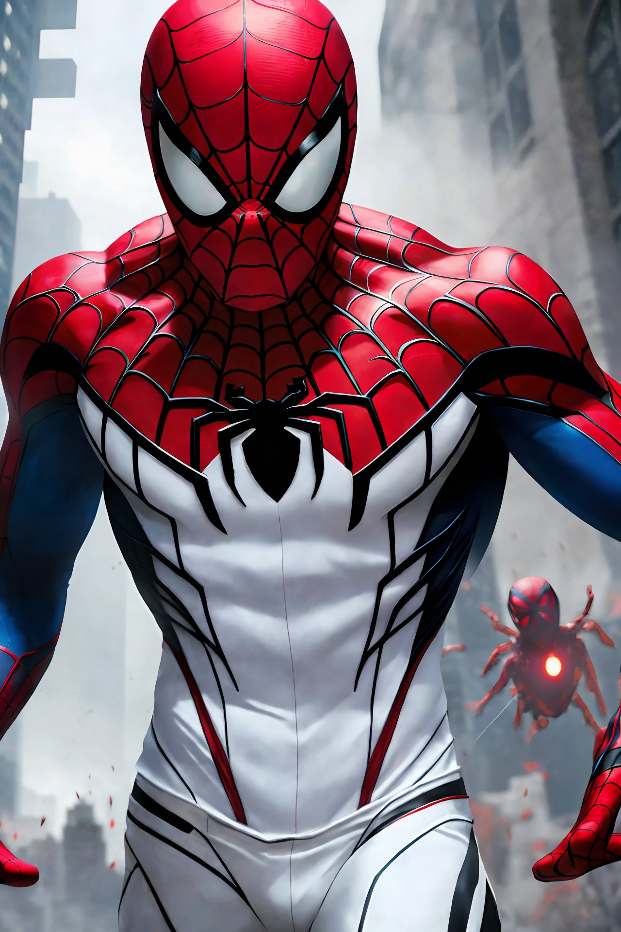 spider man in a white outfit with red with spider in the center of his chest, organic looking outfit, symbiote gooey texture covering everything, white eyes, fine art, PS5 cinematic screenshot,highly detailed detailed cinematic rendering, ultra photorealistic raytricing, with cinematic lighting, futuristic