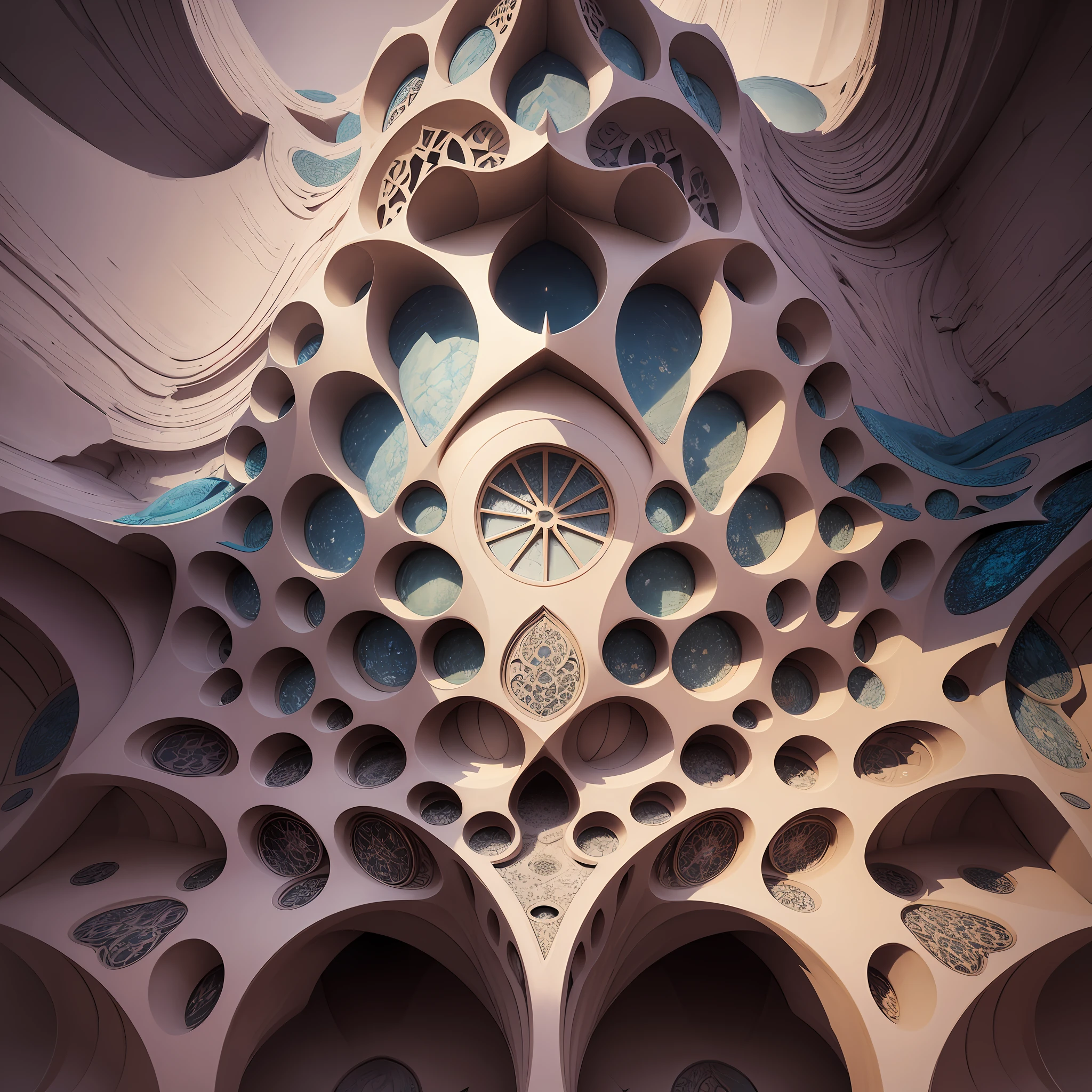 Futuristic Islamic architecture design of cave architecture concept art on desert oasis, islamic architecture, proportional,detailed, cave architecture nature meets futuristic architecture by Toyo Ito ,residential area, futuristic development, high rise balconies, full of rock and glass facades, residential spaces carved from cliff side ,trending on artstation, beautiful lighting,In the style of Arabic calligraphy masterpiece, fantasy, intricate, award winning, 4k, highest quality render --auto --s2
