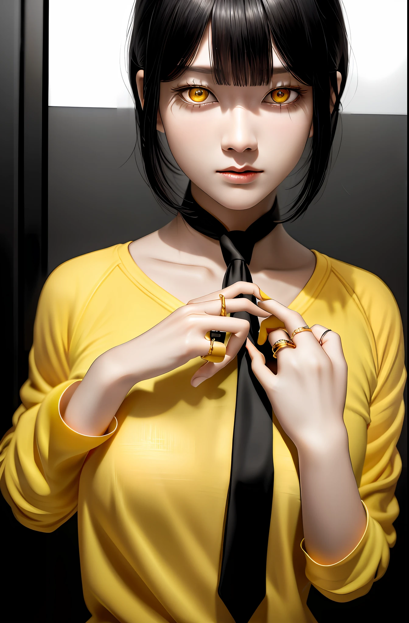 Masterpiece, (Photorealistic: 1.4), Top Quality, Beautiful Lighting, (ulzzang-6500:0.5), Makima \(Chainsaw Man\), (Bob Hair) + (Black Hair) + (Bangs), Yellow Eyes, Golden Eyes, (((Ring Eyes)), (Yellow Shirt), (Tie), RAW Photography, 8k UHD, Film Grain