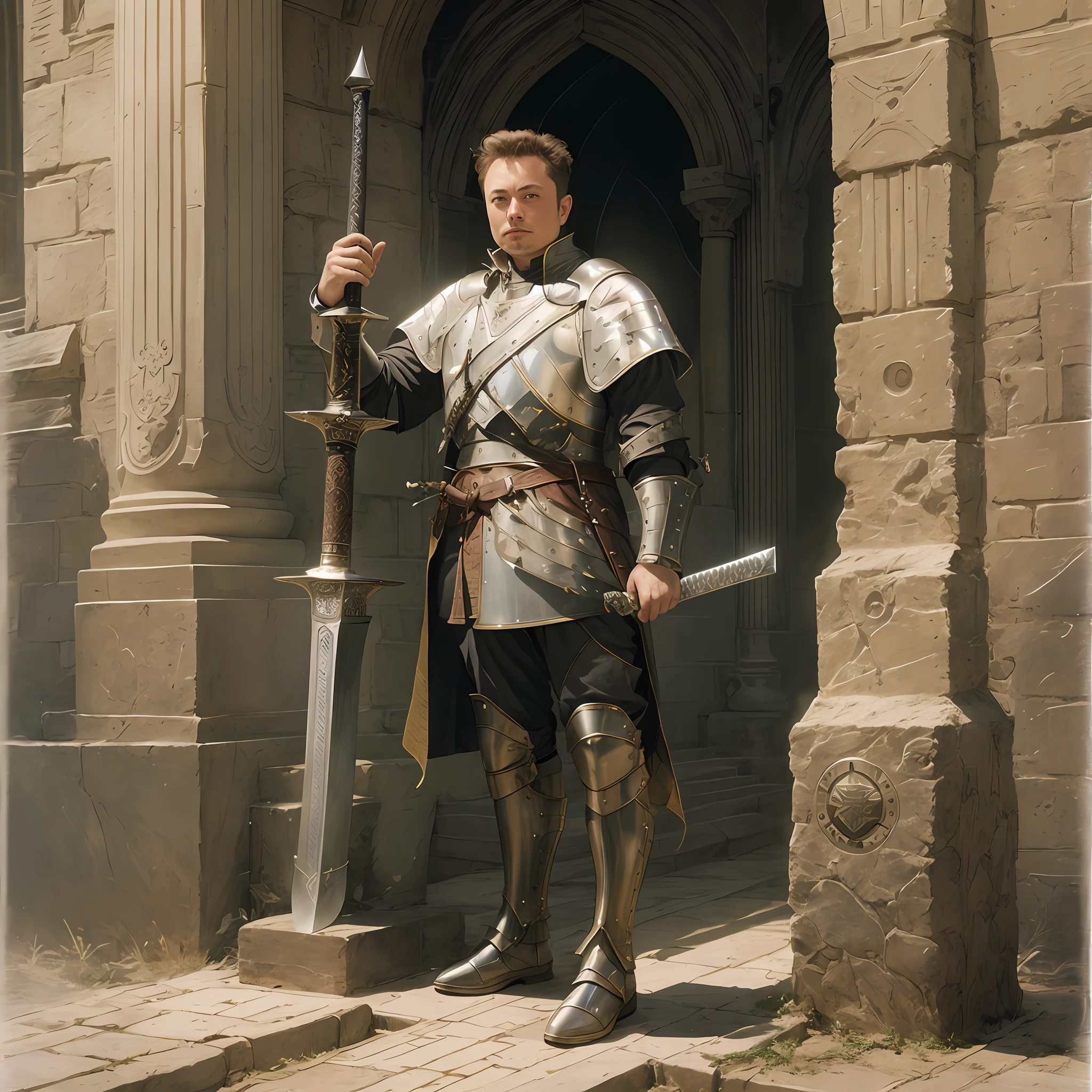 arafed man in armor holding a sword and standing in front of a building, full portrait of magical knight, elon musk as a musketeer, male paladin, portrait of knight, with large sword, a human male paladin, arsen lupin as a paladin, portrait of a knight, holding a longsword, picture of a male cleric