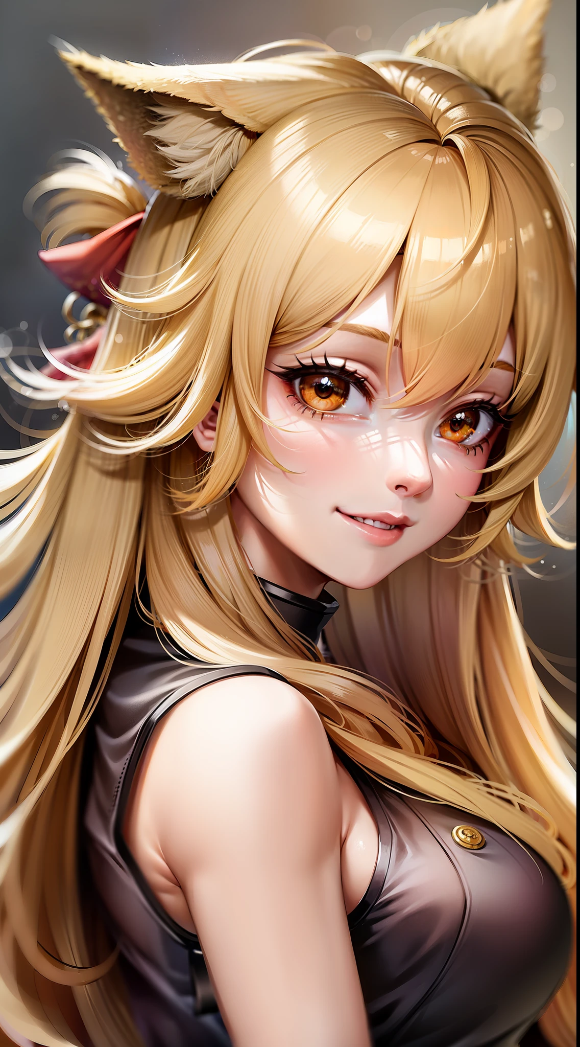 Adult girl, long lush blonde hair, brown eyes, wolf ears, Chinese clothes, sleeveless, cheerful look, smile, masterpiece, high quality
