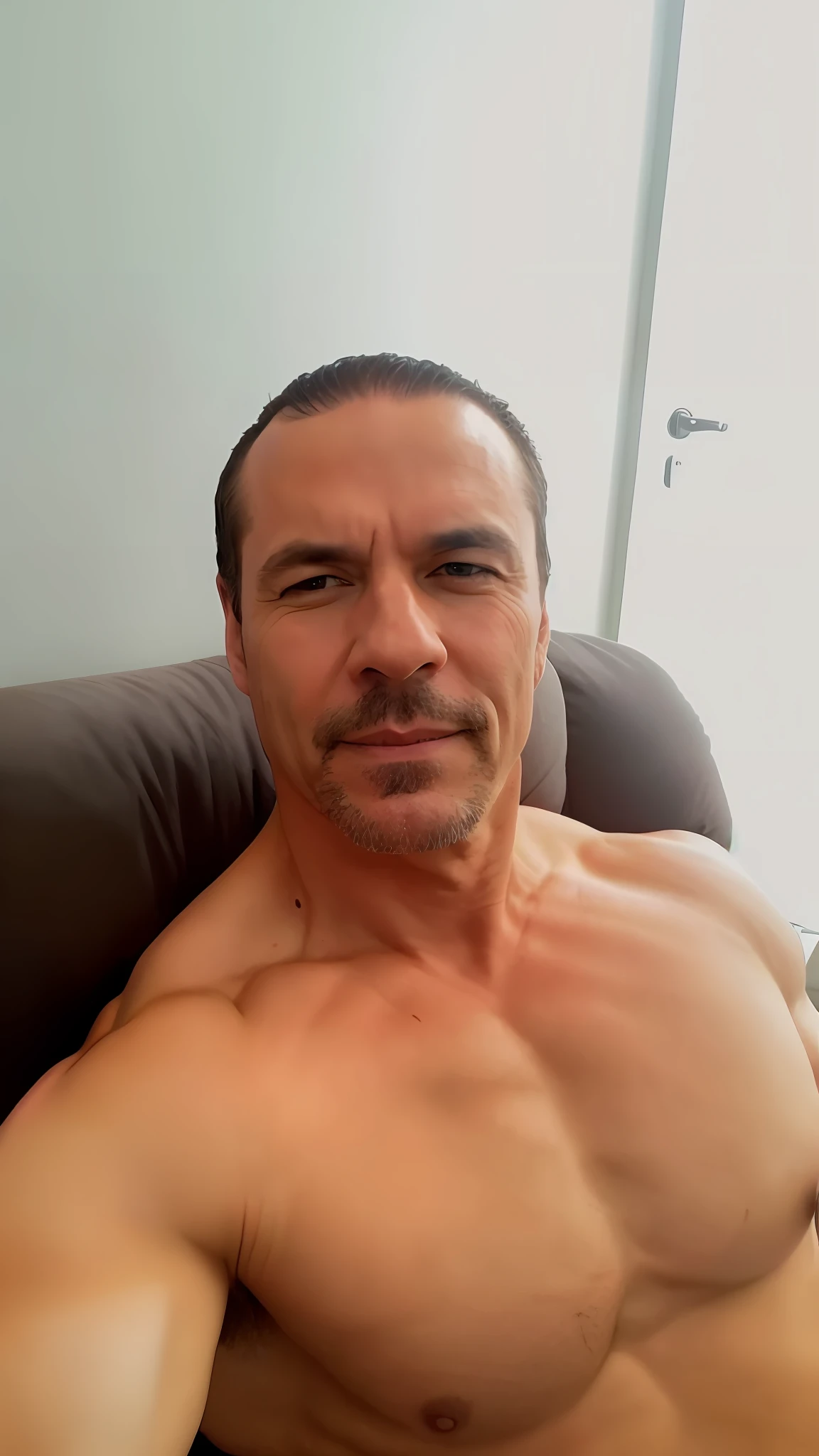 There is a man who is sitting on a couch with a remote control, 46 years old, muscular physique.