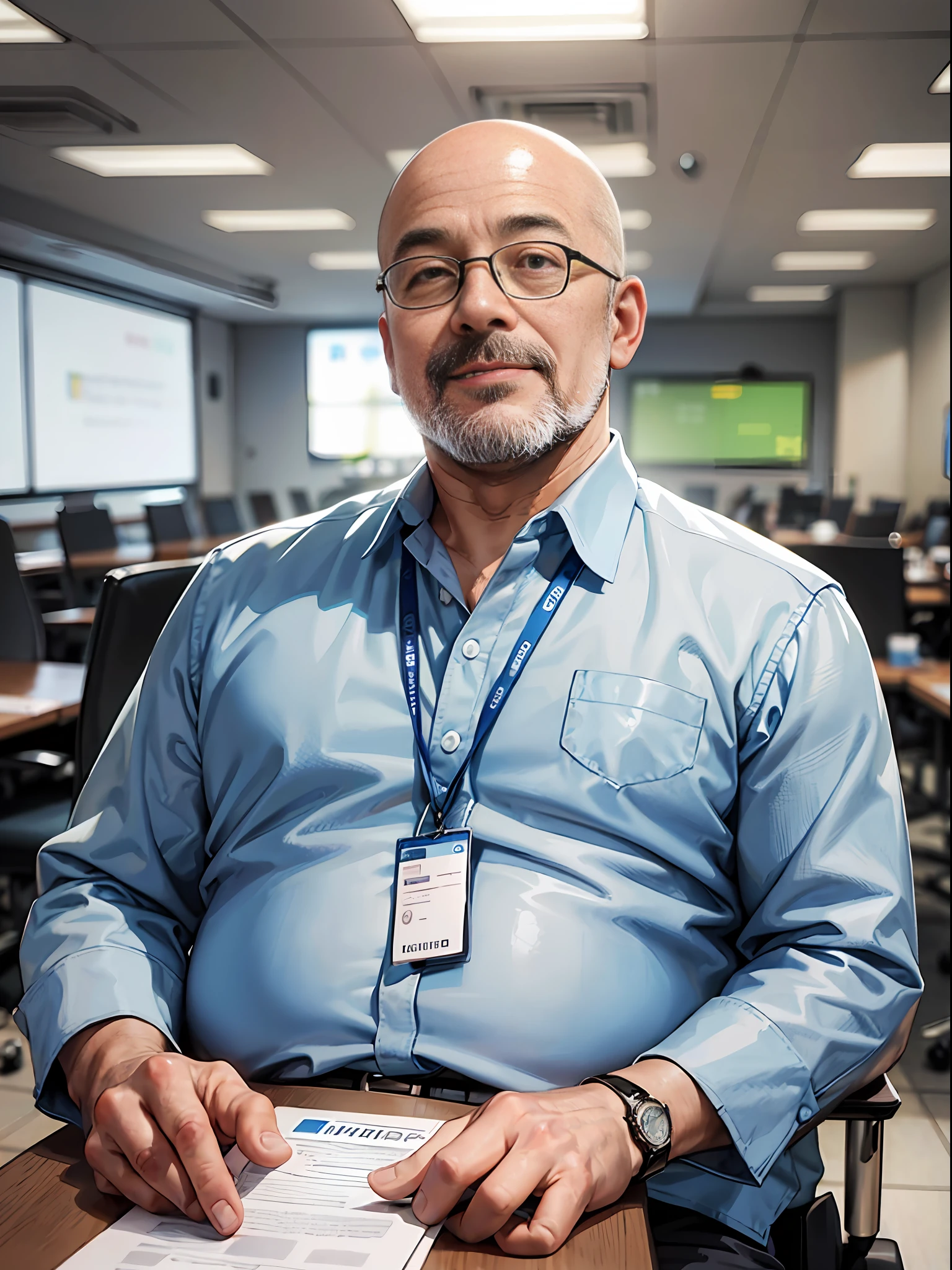 (A man in his fifties, wrinkled, slightly fat, without hair on the top of his head, sitting in a conference room, looking forward: 1.9) (man's experienced and mature appearance: 1.8) (may be a senior member or leader in the meeting: 1.7) (a focused expression on his face: 1.8) (a serious and professional atmosphere in the conference room: 1.7)