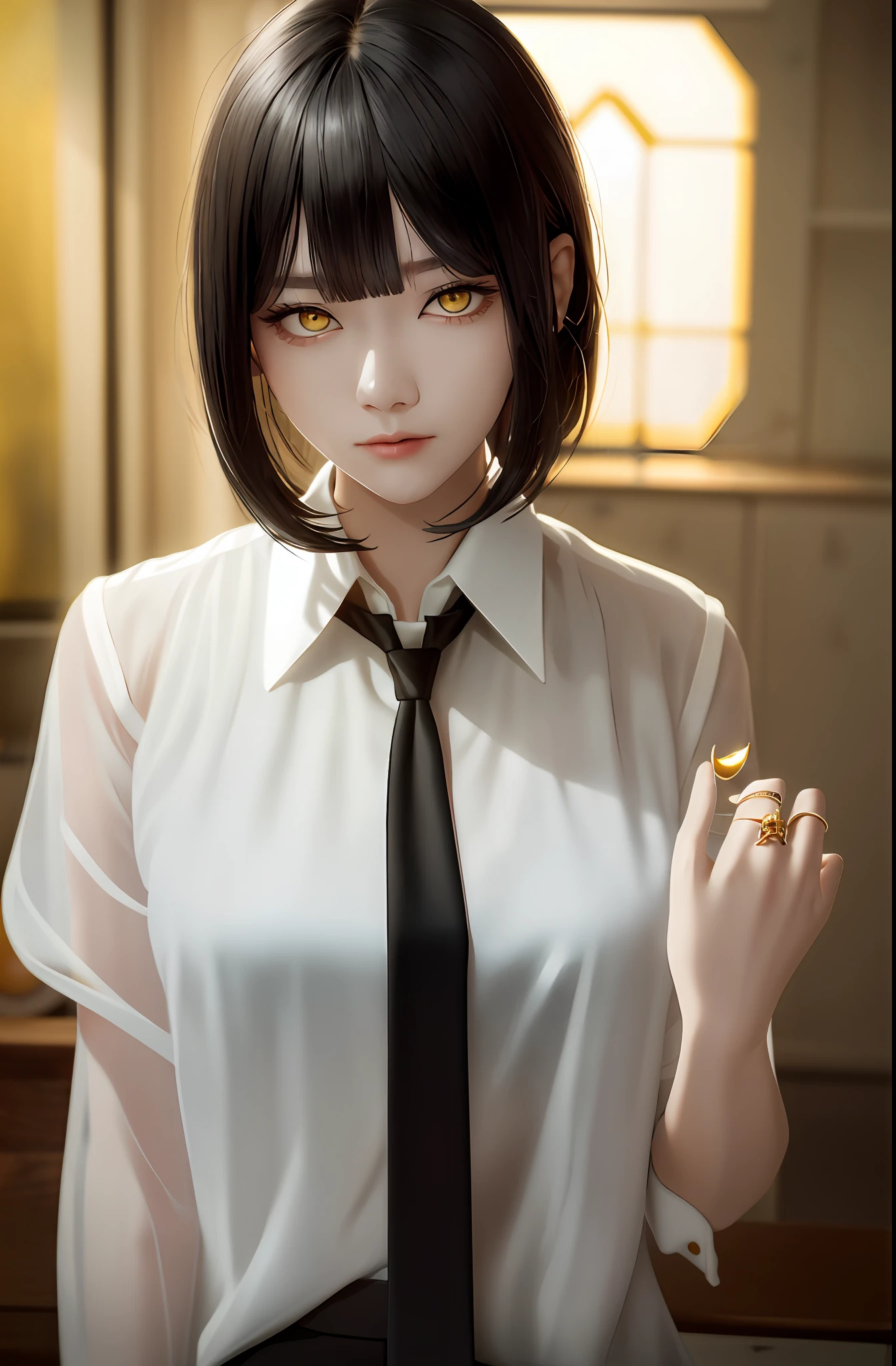 Masterpiece, (Photorealistic: 1.4), Top Quality, Beautiful Lighting, (ulzzang-6500:0.5), Makima \(Chainsaw Man\), (Bob Hair) + (Black Hair) + (Bangs), Yellow Eyes, Golden Eyes, (((Ring Eyes)), (Yellow Shirt), (Tie), RAW Photography, 8k UHD, Film Grain