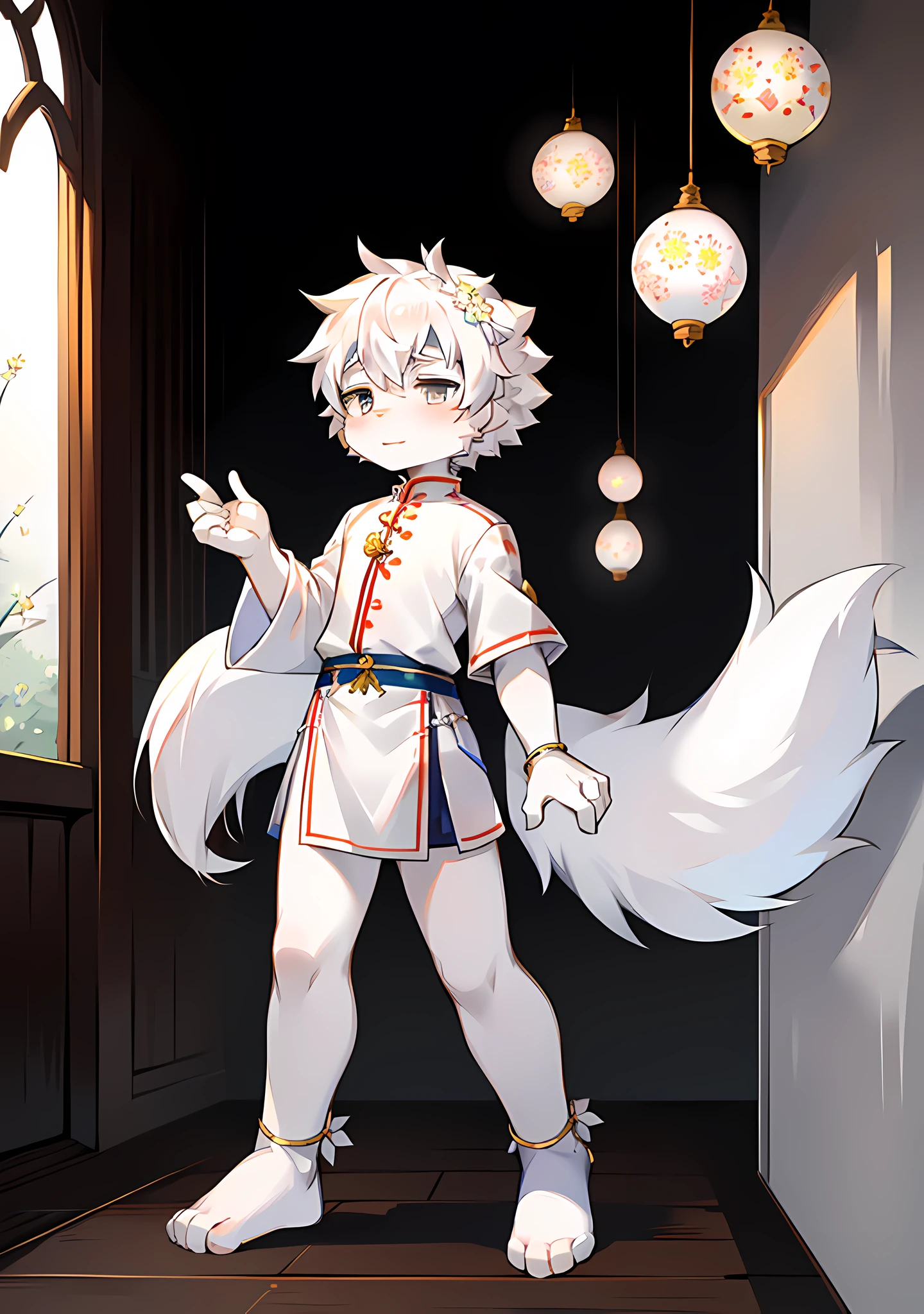 furry , white wolf boy, white wolf boy, white wolf boy, white wolf boy, little man, (long white wolf tail), little feet (with socks), flower anklet, white hair, silver eyes, , national style clothes (light color), aoeu, aoeu, aoeu, long cheongsam (outer garment), hanfu (outer garment), white clothes (inner shirt), boy, boy , boy , boy, noble clothes (light color), cute, Shota, on the way