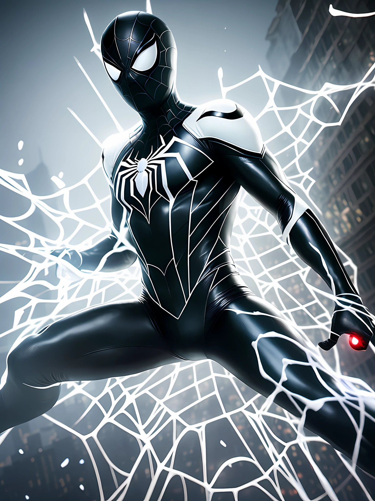 Spider Man in a black outfit with spider in the center of his chest in white, organic looking outfit, gooey texture symbiote covering everything, white eyes, fine art, PS5 cinematic screenshot,highly detailed detailed cinematic rendering, ultra photorealistic raytricing, with cinematic lighting