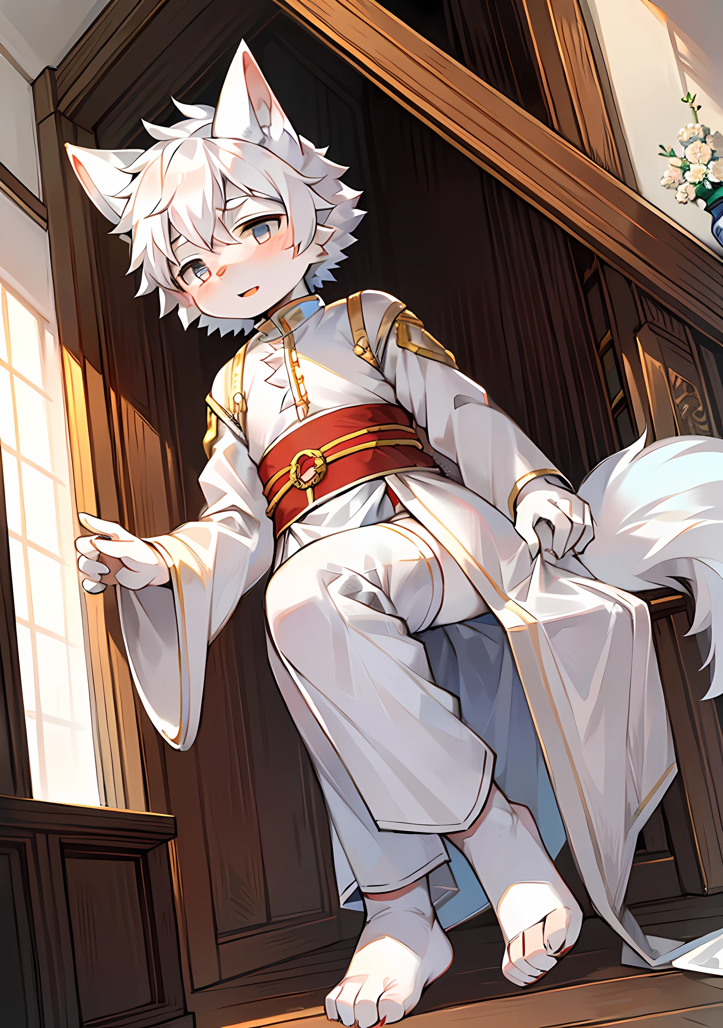 furry , white wolf boy, white wolf boy, white wolf boy, white wolf boy, man, (long white wolf tail), little feet (with socks), flower anklet, white hair, silver eyes, , national style clothes (light color), aoeu, aoeu, aoeu, long cheongsam (outer garment), hanfu (outer garment), white clothes (inner shirt), boy, boy , boy , boy, noble clothes (light color), cute, Shota, on the way