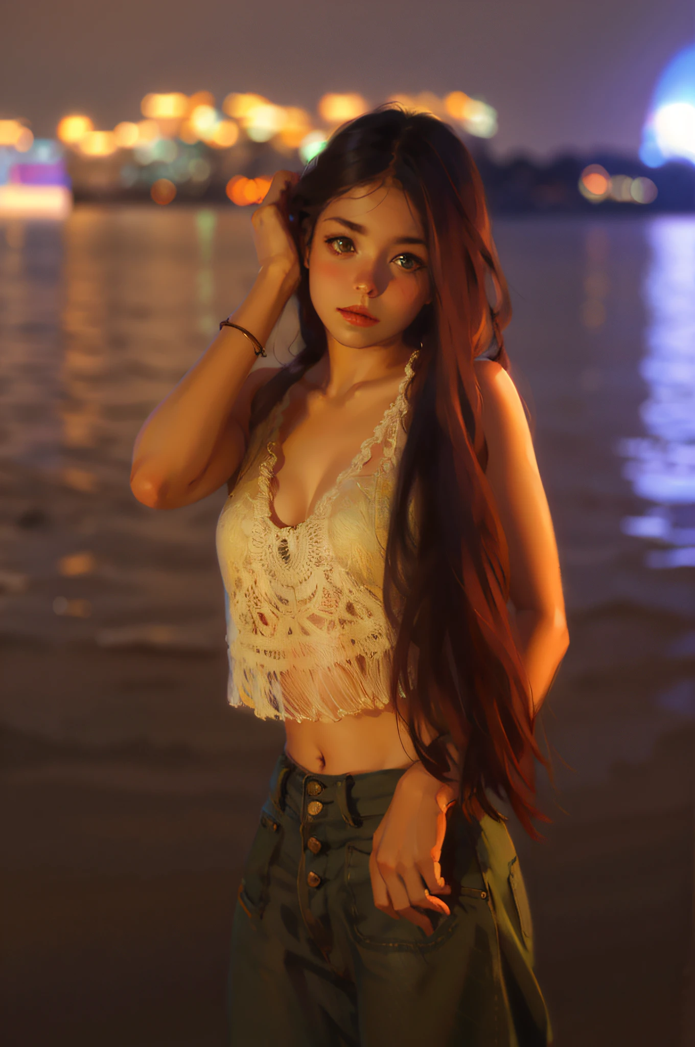 Night, girl by the sea, beautiful, cute, long brown hair, jeans, backlight, gentle, 4k, warm light and shadow, hand detail portrayal, ArtStation