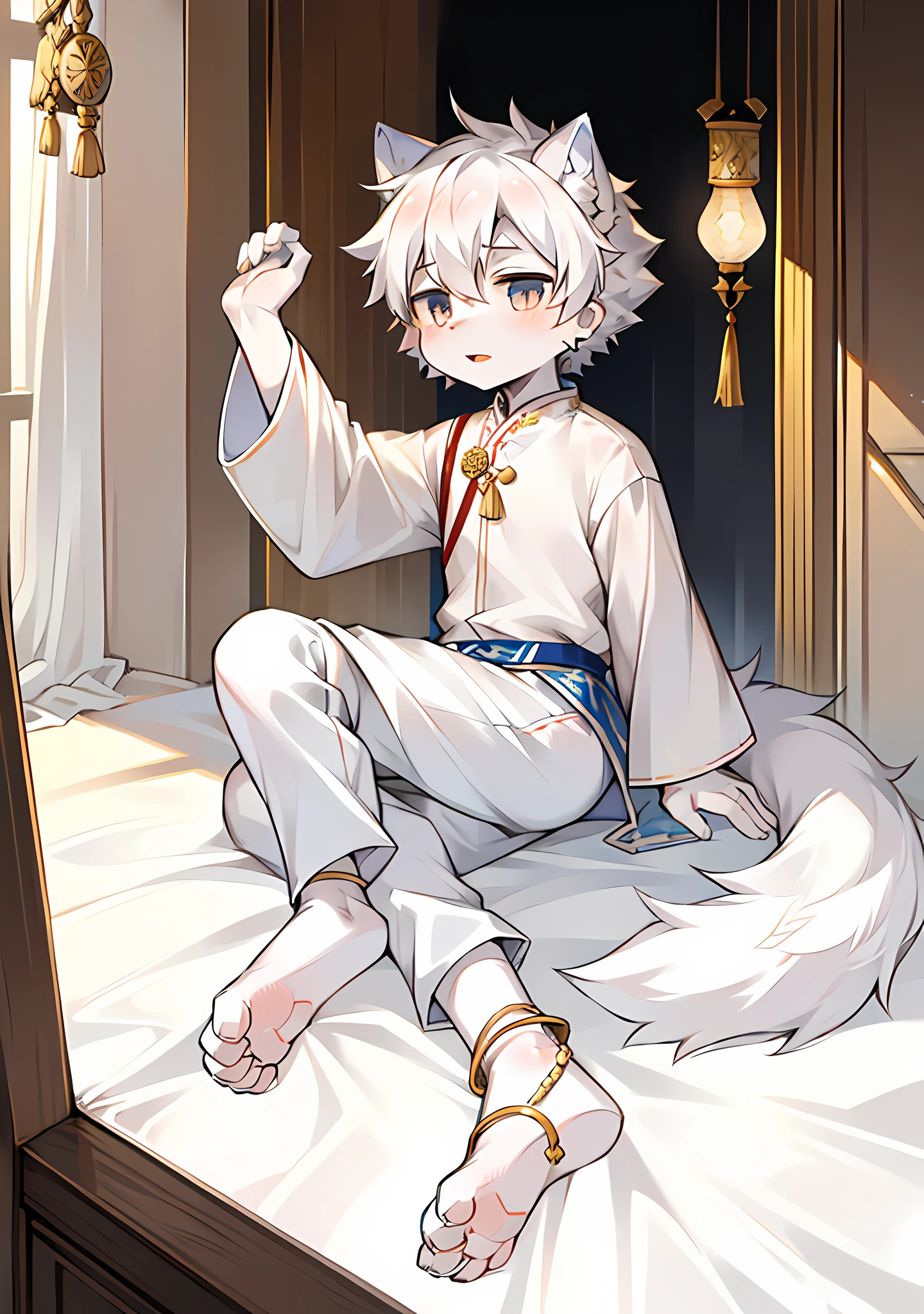 furry , white wolf boy, white wolf boy, white wolf boy, white wolf boy, little man, (long white wolf tail), little feet (with socks), flower anklet, white hair, silver eyes, , national style clothes (light color), aoeu, aoeu, aoeu, long cheongsam (outer garment), hanfu (outer garment), white clothes (inner shirt), boy, boy , boy , boy, noble clothes (light color), cute, Shota, on the way