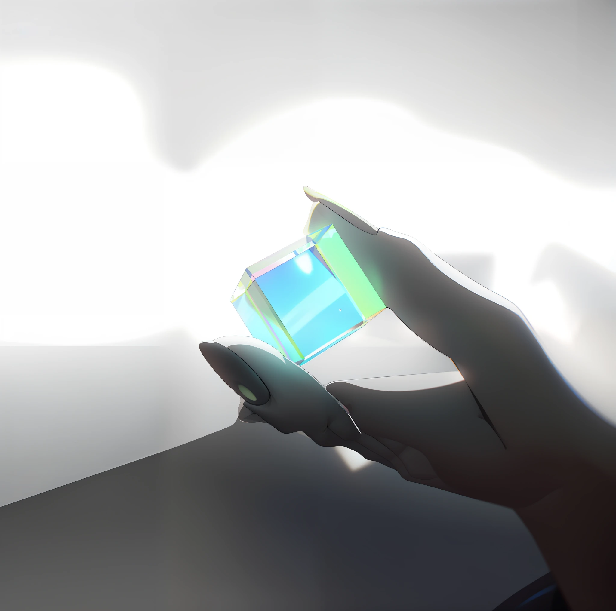 someone holding a cell phone in their hand with a light shining on it, translucent cube, light emitting from fingertips, solid cube of light, soft 3d render, light simulation, rendered in pov - ray, translucent material, transparent holographic being, thin glowing devices, ( ( 3 d render ) ), ( ( ( ( 3 d render ) ) ) )