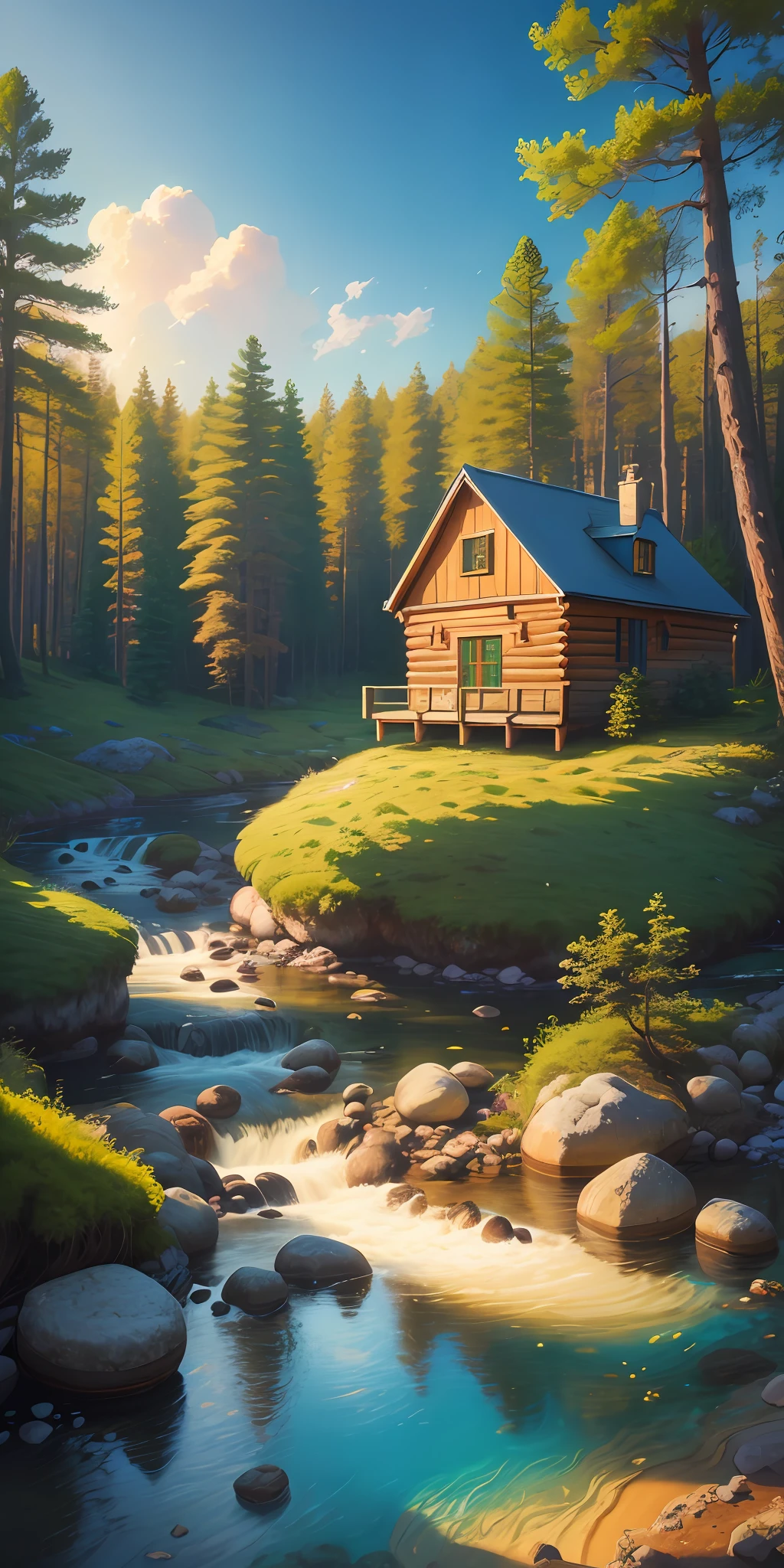 (digital painting), (best quality), serene European nature, (pine forest), bubbling river with boulders, ((wooden house on the shore)), (pedestrian bridge), cumulus clouds, popular Deviant Art, ultra-realistic 8k, pastel color scheme, soft lighting, golden hour, calm atmosphere