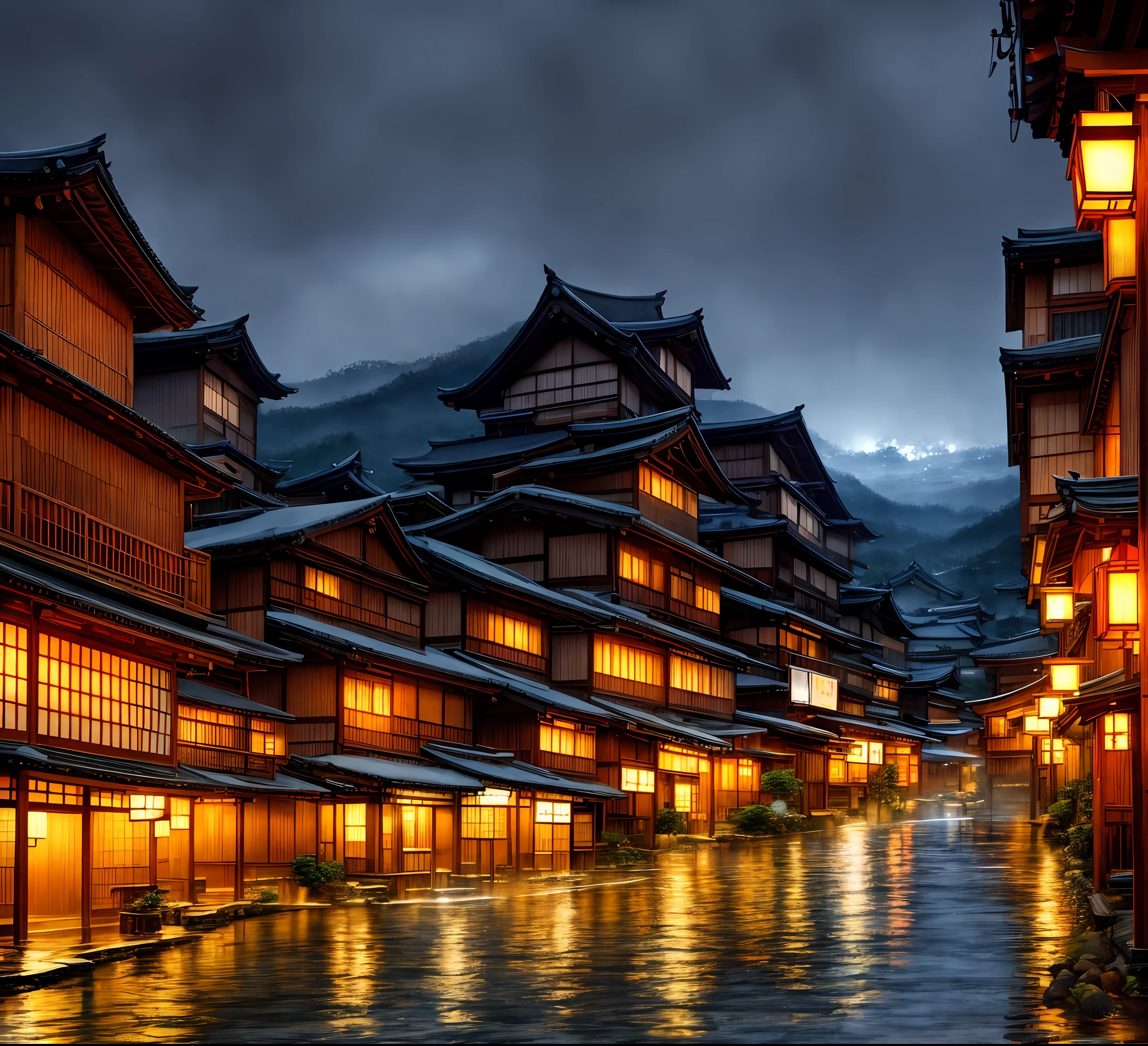 Dogo Onsen, watercolor, mysterious, rough view of village at night, lots of lights on buildings, dreamy Japan town, Japan village, super beautifully lit buildings, evening in the rain, beautifully aesthetic, photo, cinematic, 8K, high detail ((Heavy Rain)))