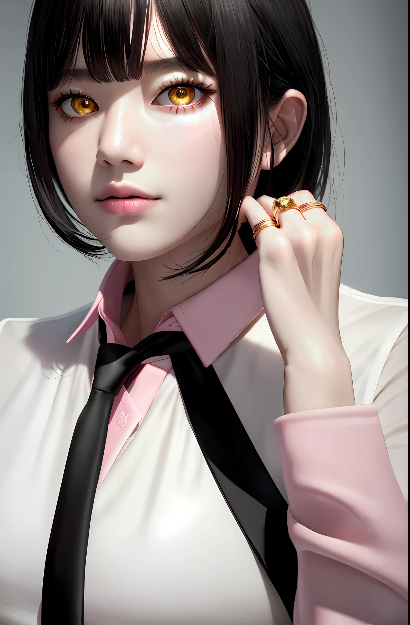 Masterpiece, (Photorealistic: 1.4), Top Quality, Beautiful Lighting, (ulzzang-6500:0.5), Makima \(Chainsaw Man\), (Bob Hair) + (Black Hair) + (Bangs), Yellow Eyes, Golden Eyes, (((Ring Eyes)), (Pink Shirt), (Tie), RAW Photography, 8k UHD, Film Grain
